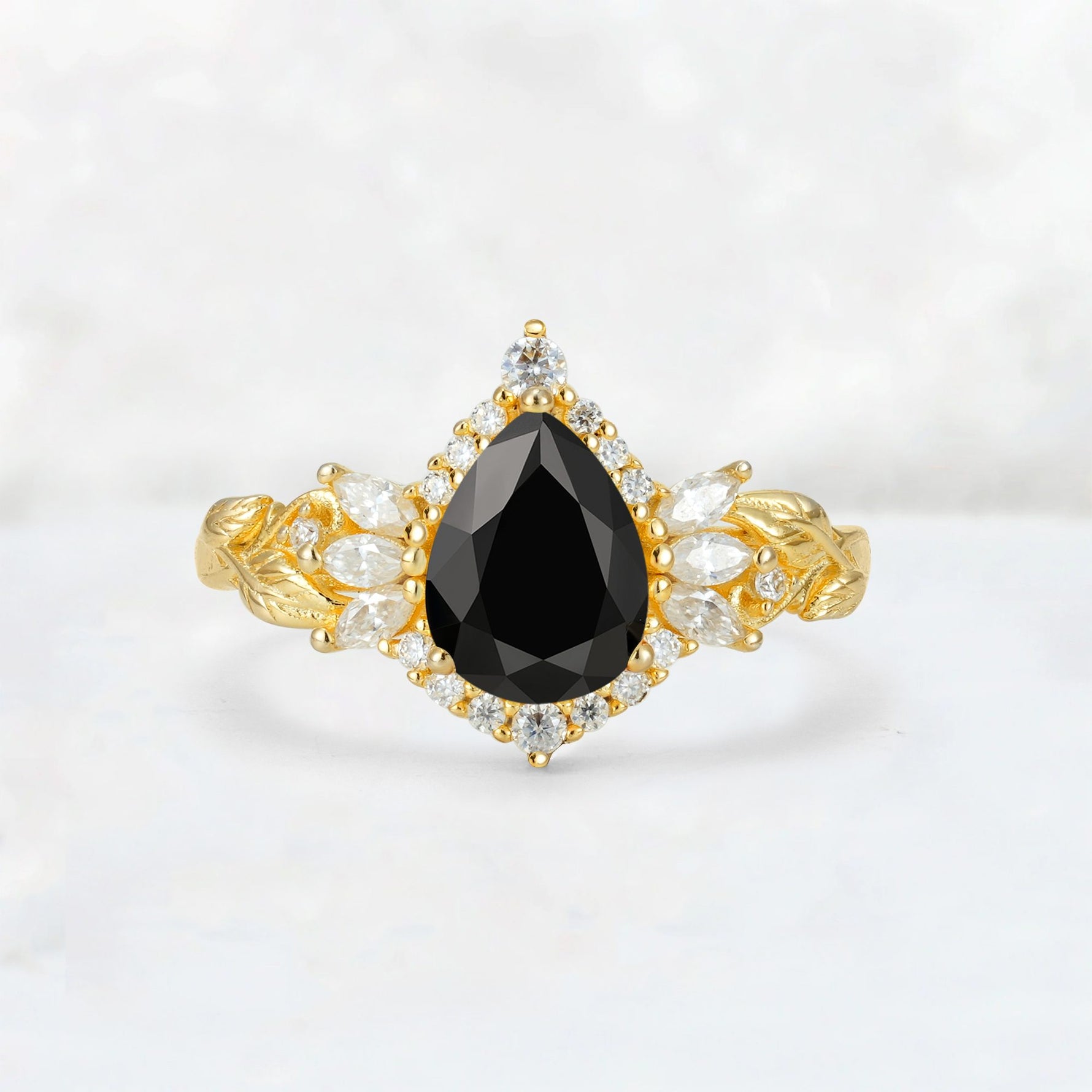 Pear Cut Black Onyx Marquise Halo Leaf Vine Engagement Ring - Additional view