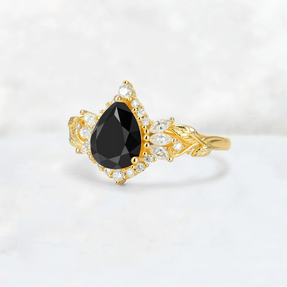 Pear Cut Black Onyx Marquise Halo Leaf Vine Engagement Ring - Additional view