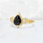 Pear Cut Black Onyx Marquise Halo Leaf Vine Engagement Ring - Additional view