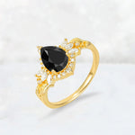 Pear Cut Black Onyx Marquise Halo Leaf Vine Engagement Ring - Additional view