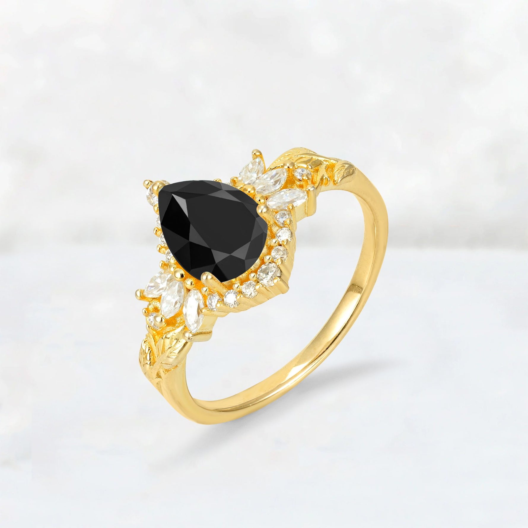Pear Cut Black Onyx Marquise Halo Leaf Vine Engagement Ring - Additional view