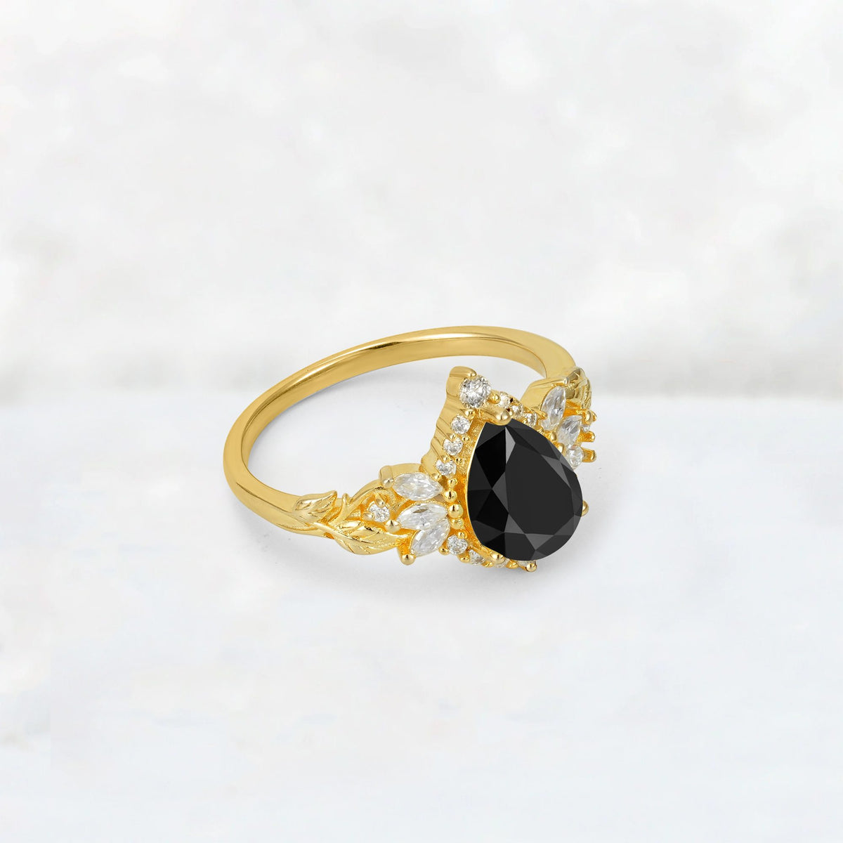 Pear Cut Black Onyx Marquise Halo Leaf Vine Engagement Ring - Additional view