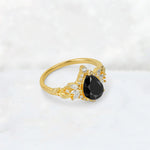 Pear Cut Black Onyx Marquise Halo Leaf Vine Engagement Ring - Additional view