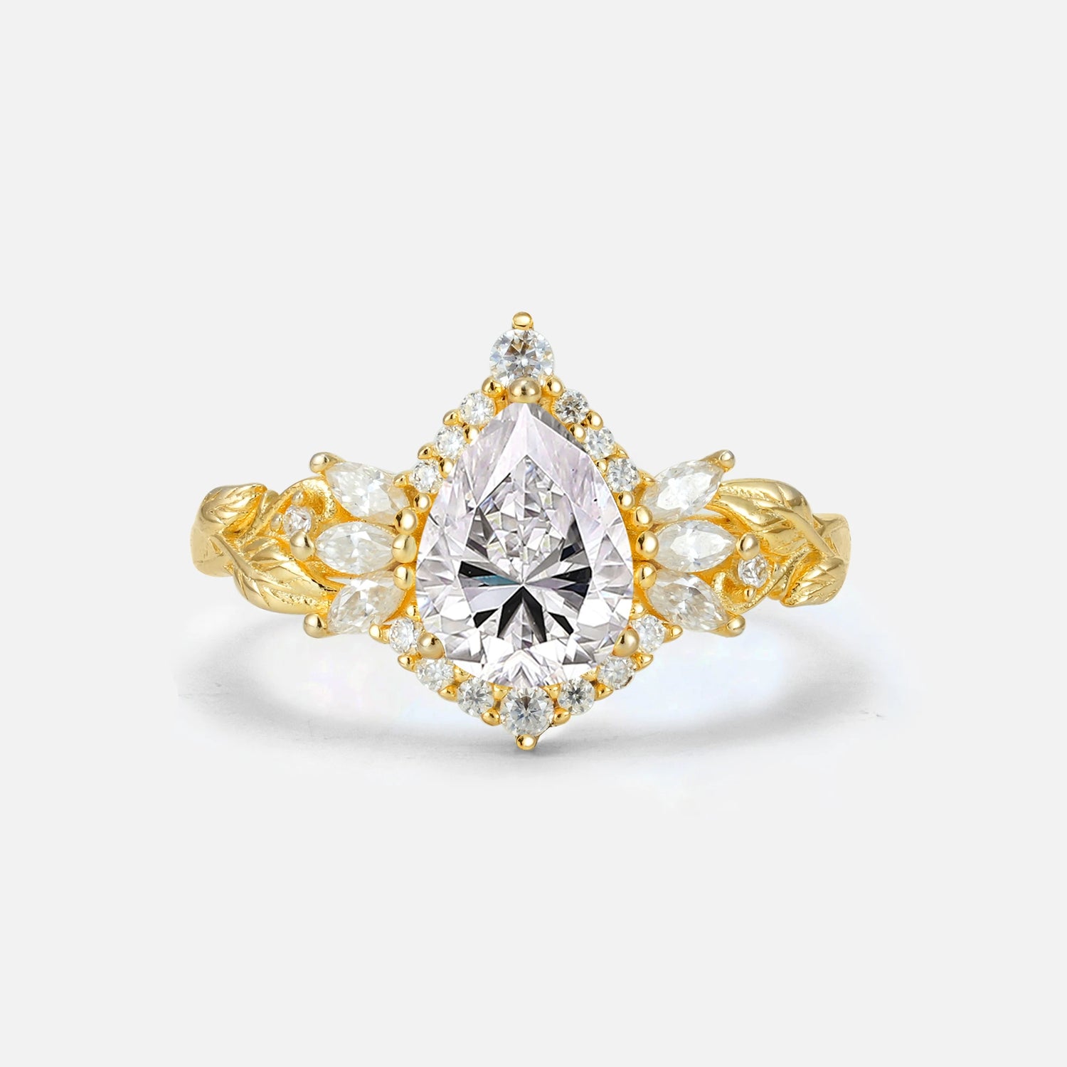 Pear Cut Lab Diamond Marquise Halo Leaf Vine Engagement Ring - Additional view