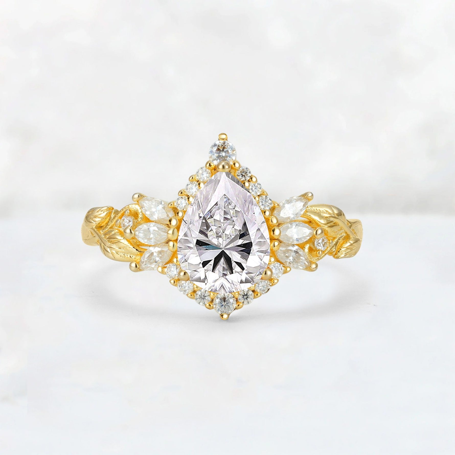 Pear Cut Lab Diamond Marquise Halo Leaf Vine Engagement Ring - Additional view