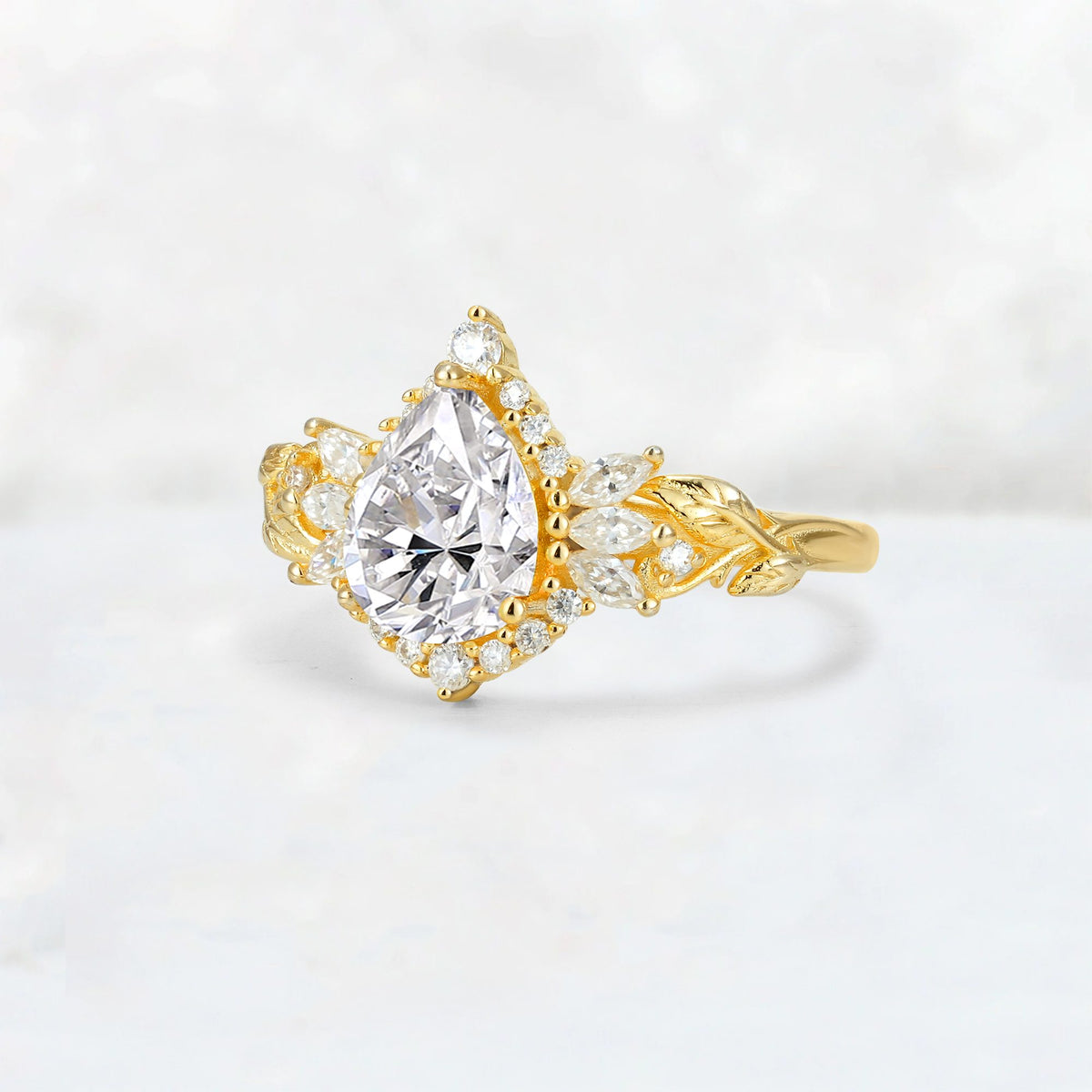 Pear Cut Lab Diamond Marquise Halo Leaf Vine Engagement Ring - Additional view