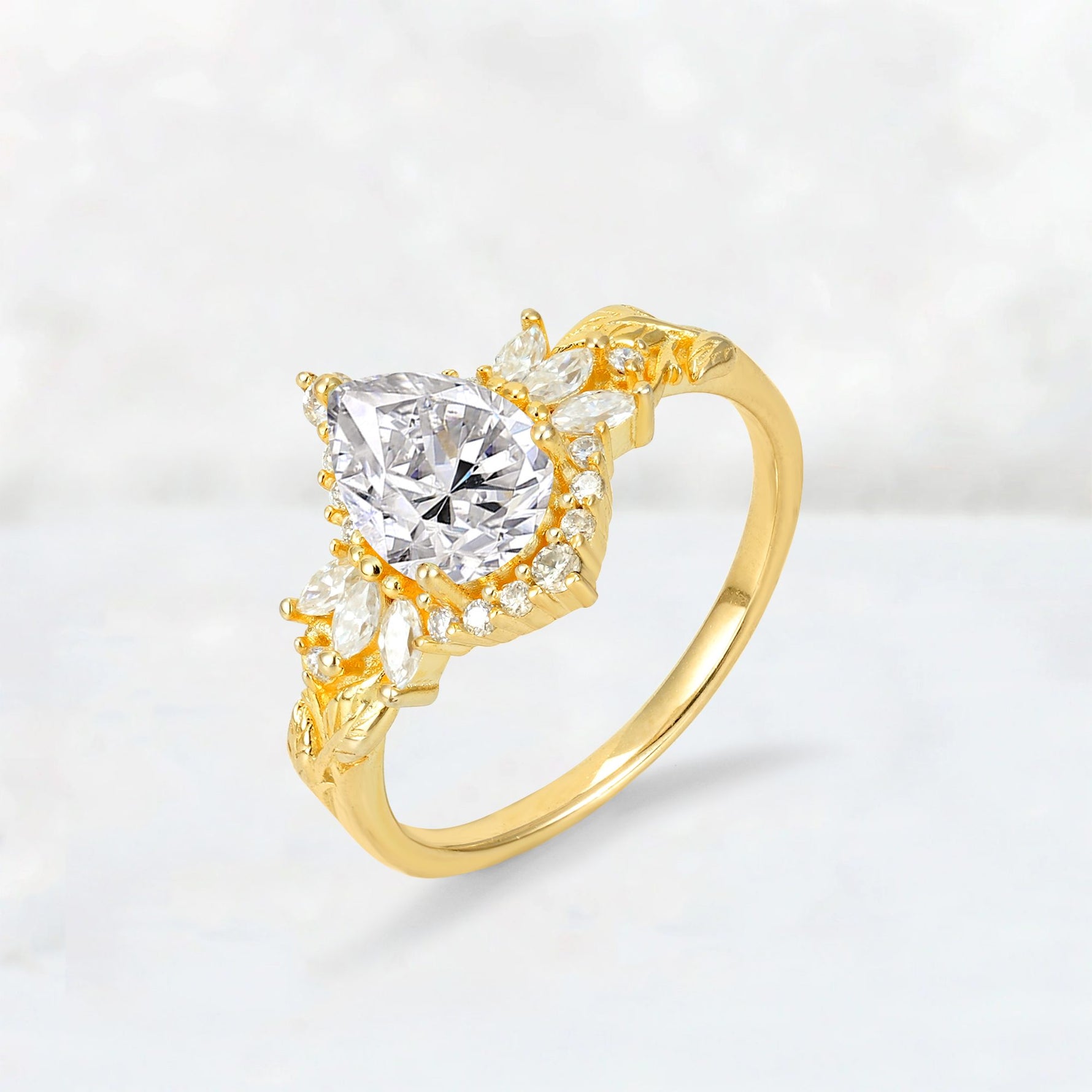 Pear Cut Lab Diamond Marquise Halo Leaf Vine Engagement Ring - Additional view