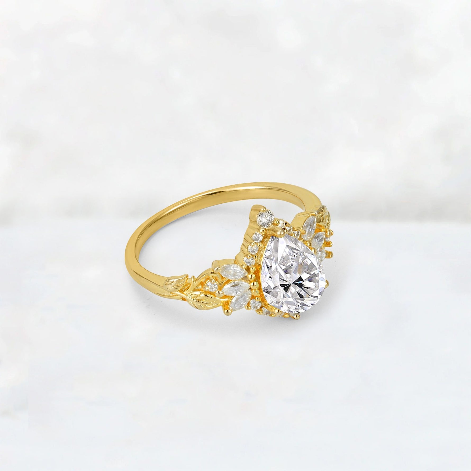 Pear Cut Lab Diamond Marquise Halo Leaf Vine Engagement Ring - Additional view