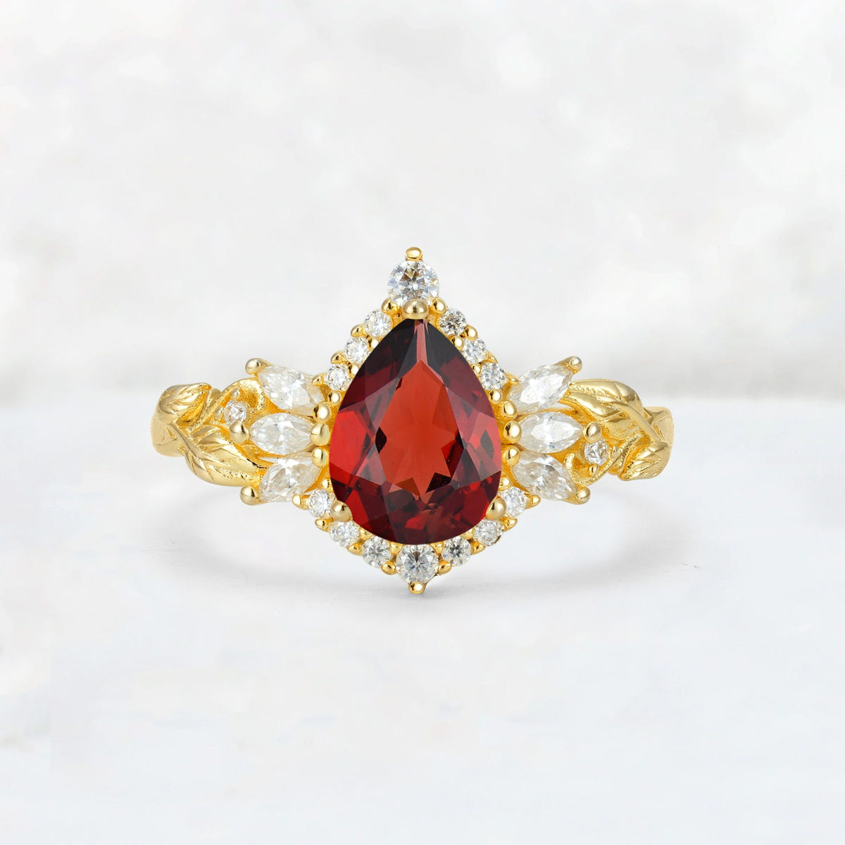 Pear Cut Garnet Marquise Halo Leaf Vine Engagement Ring - Additional view