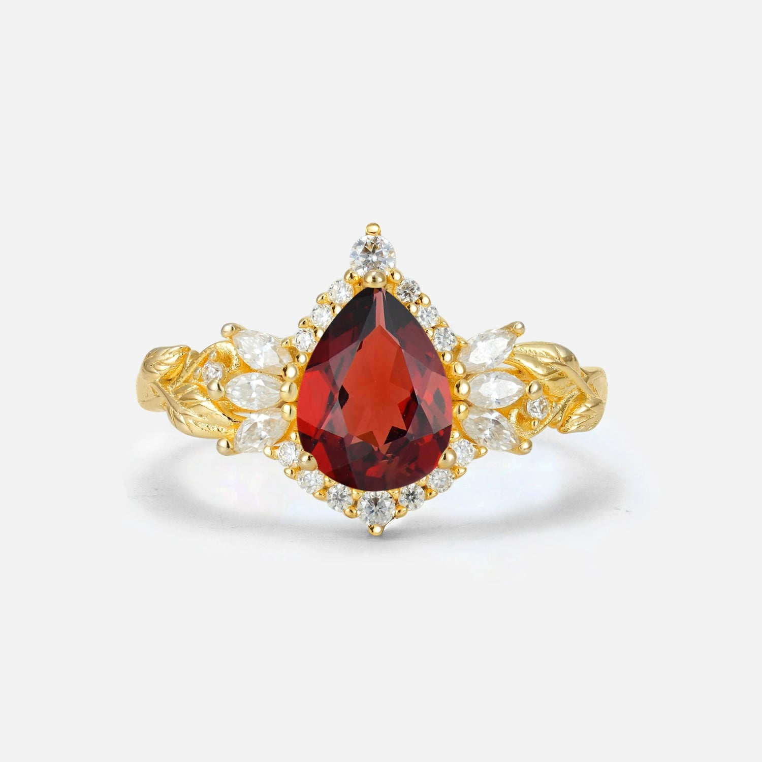 Pear Cut Garnet Marquise Halo Leaf Vine Engagement Ring - Additional view