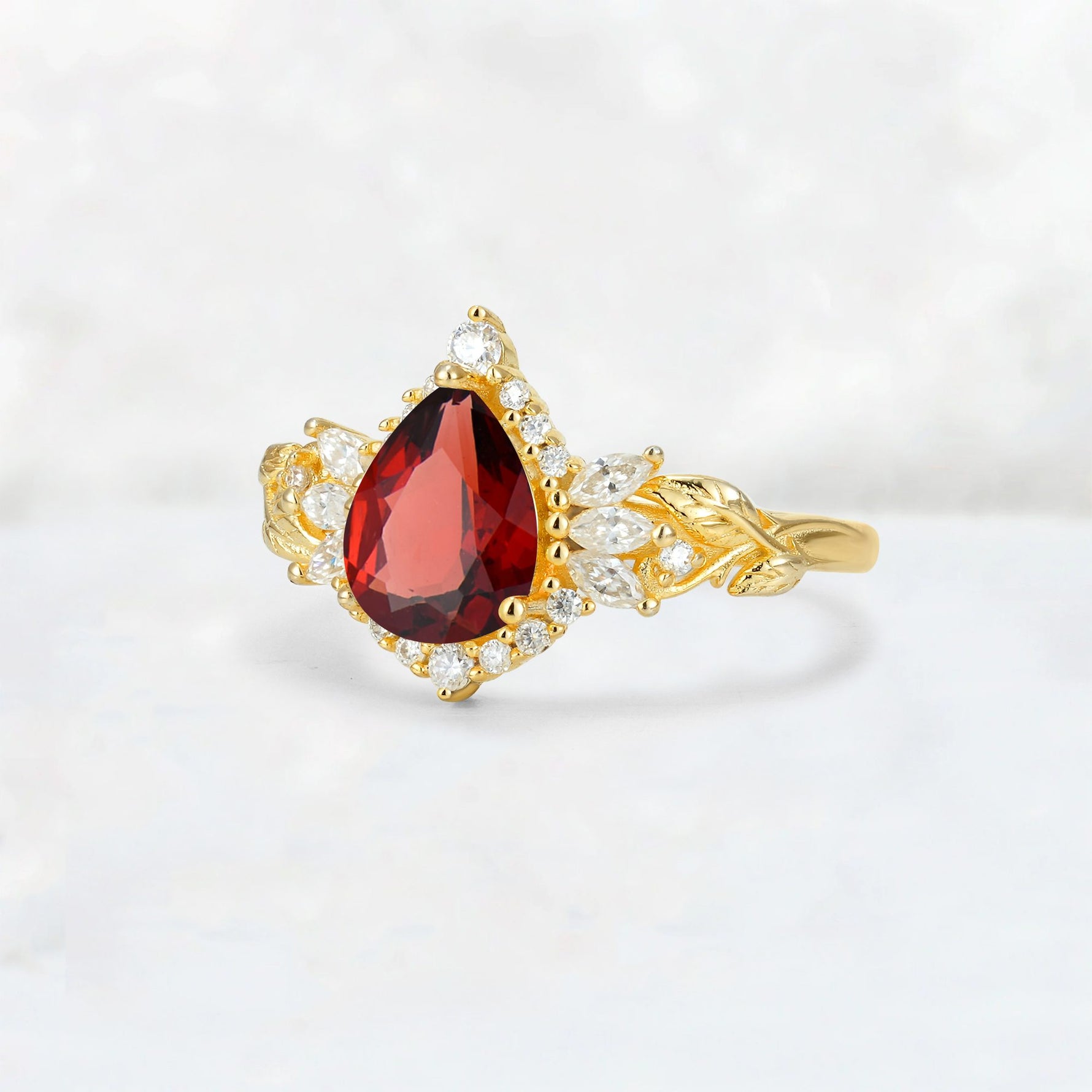 Pear Cut Garnet Marquise Halo Leaf Vine Engagement Ring - Additional view