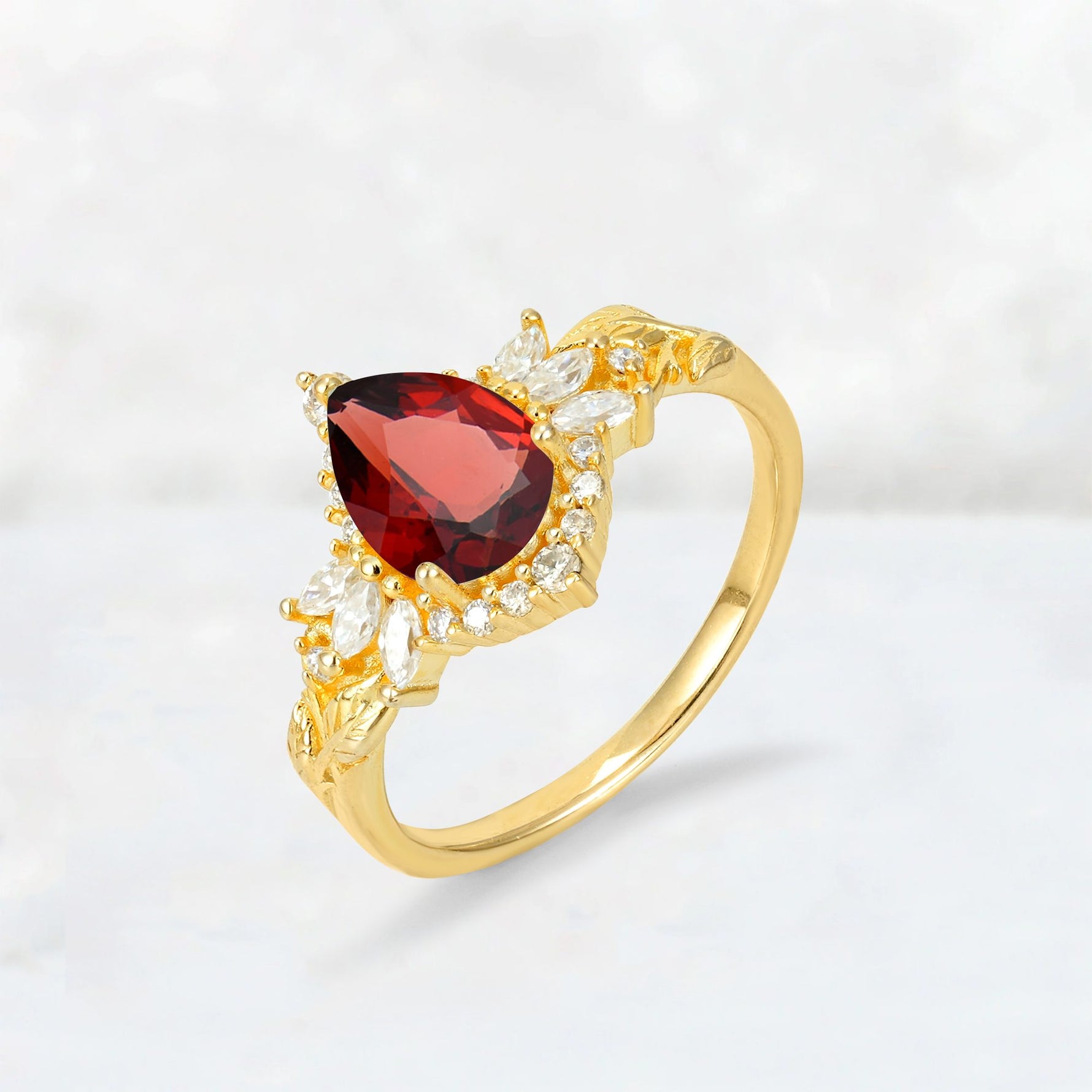 Pear Cut Garnet Marquise Halo Leaf Vine Engagement Ring - Additional view