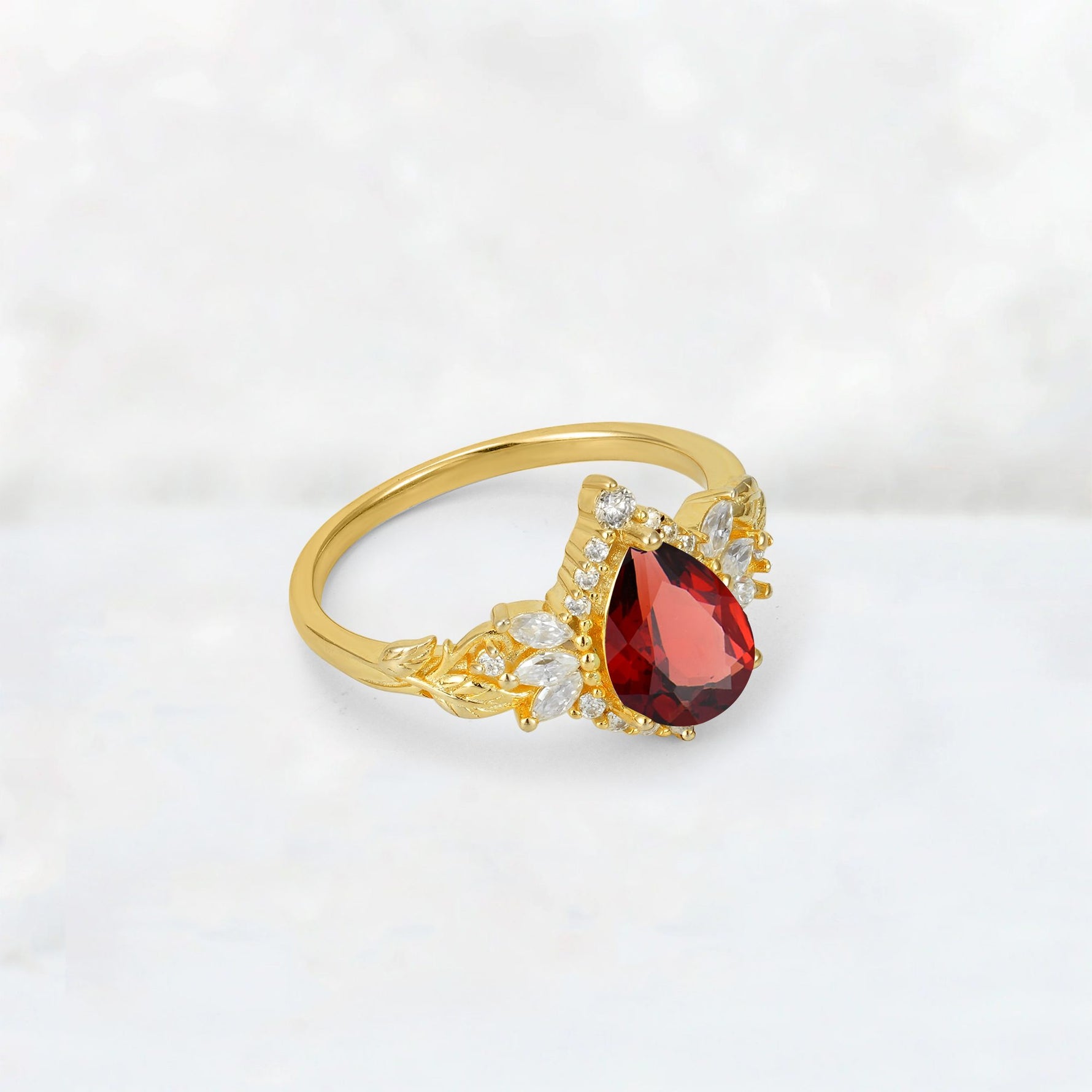 Pear Cut Garnet Marquise Halo Leaf Vine Engagement Ring - Additional view