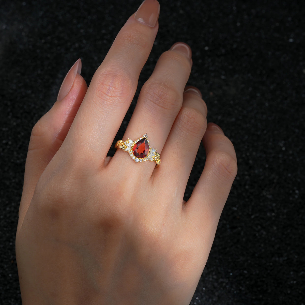 Pear Cut Garnet Marquise Halo Leaf Vine Engagement Ring - Additional view