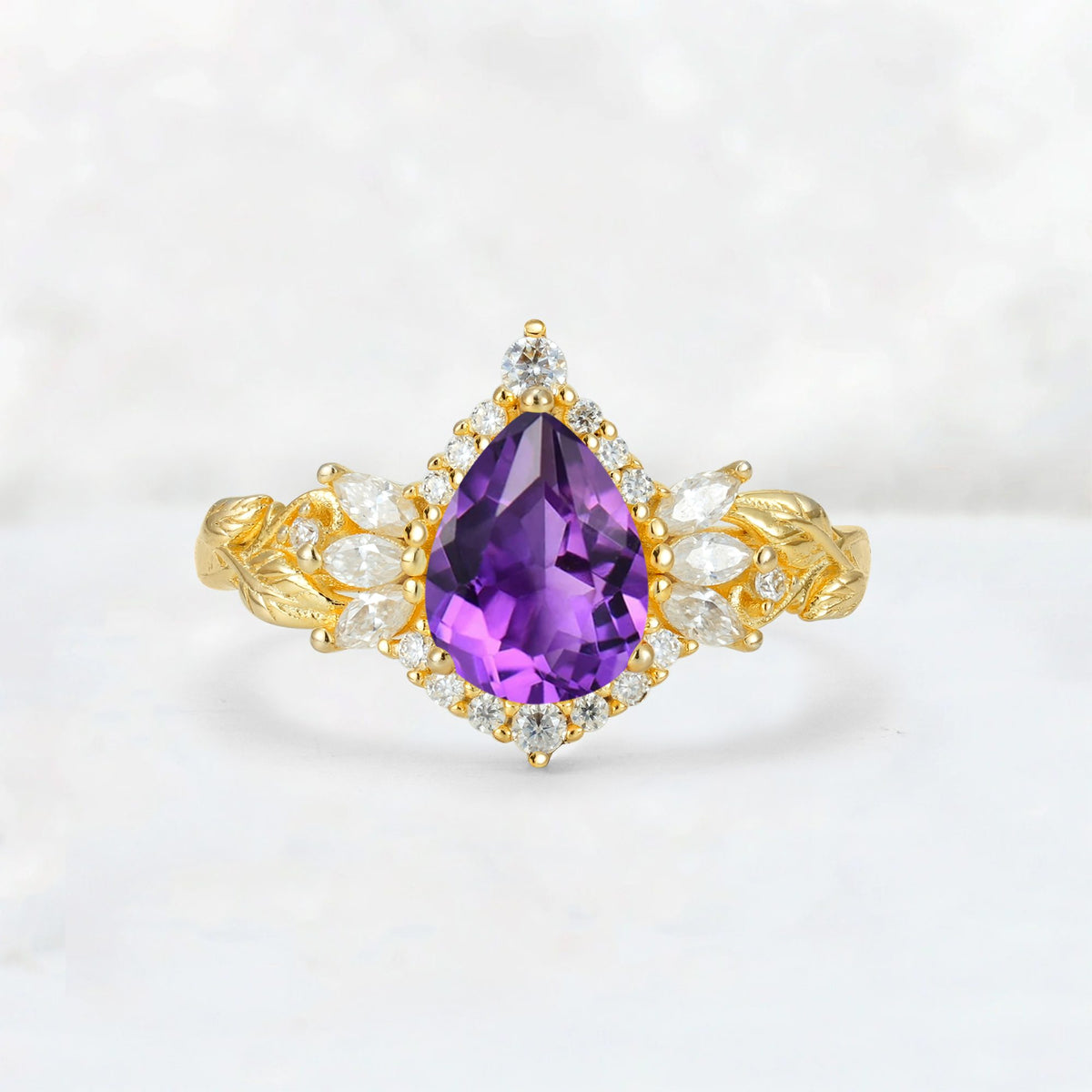 Pear Cut Amethyst Marquise Halo Leaf Vine Engagement Ring - Additional view