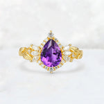 Pear Cut Amethyst Marquise Halo Leaf Vine Engagement Ring - Additional view