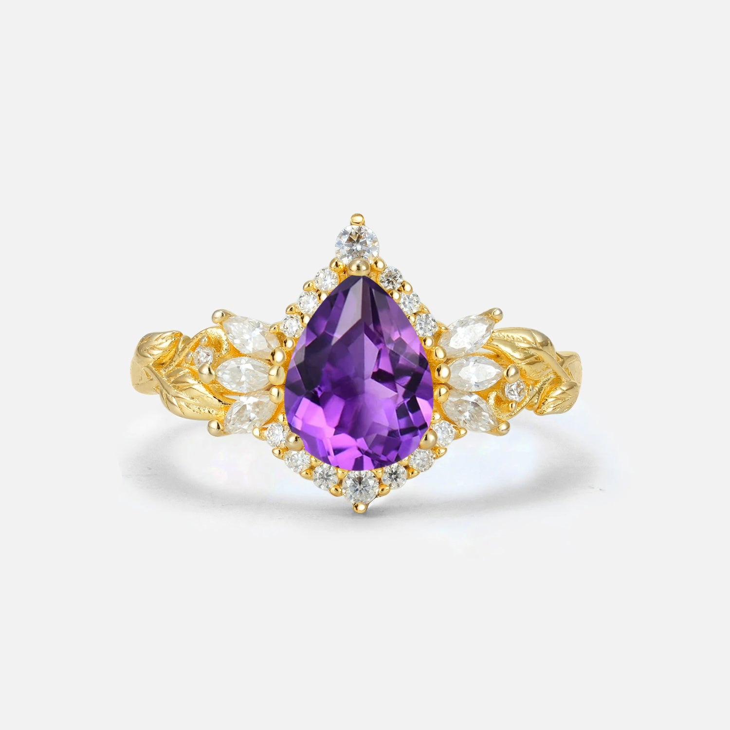 Pear Cut Amethyst Marquise Halo Leaf Vine Engagement Ring - Additional view