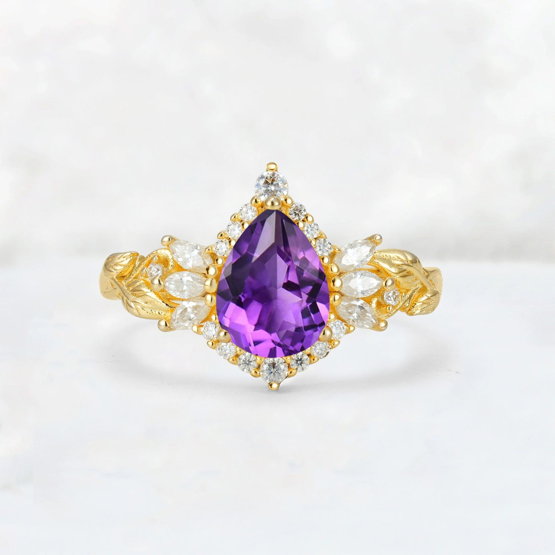 Pear Cut Amethyst Marquise Halo Leaf Vine Engagement Ring - Additional view