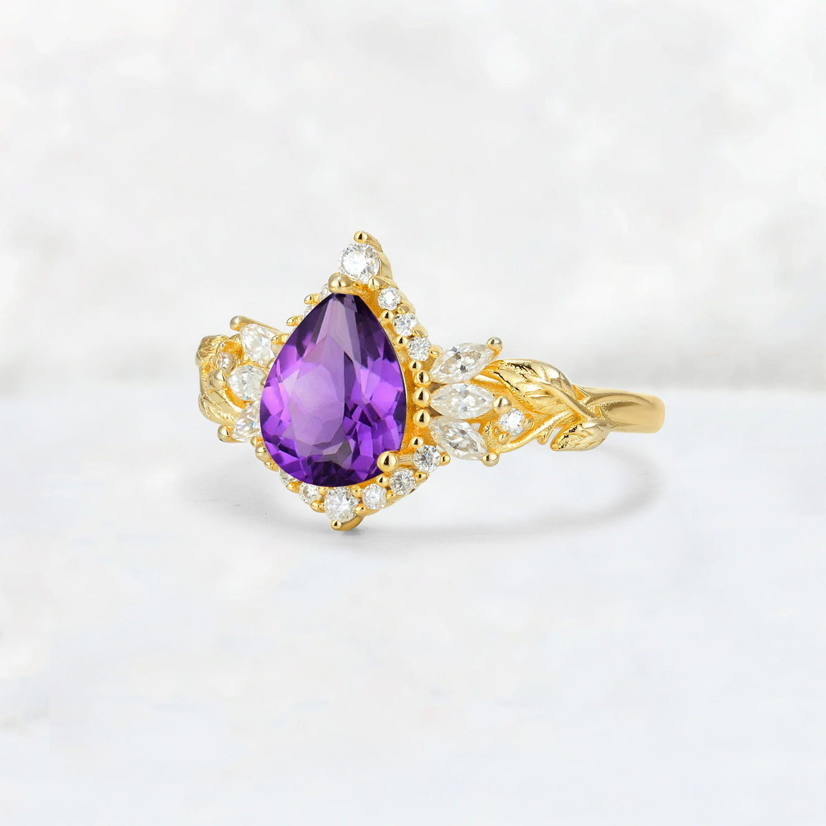 Pear Cut Amethyst Marquise Halo Leaf Vine Engagement Ring - Additional view