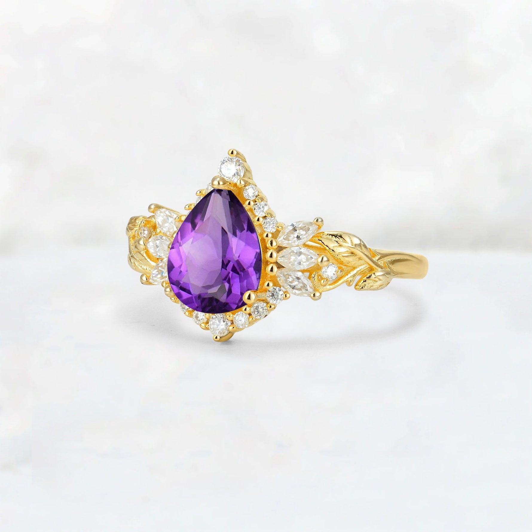 Pear Cut Amethyst Marquise Halo Leaf Vine Engagement Ring - Additional view