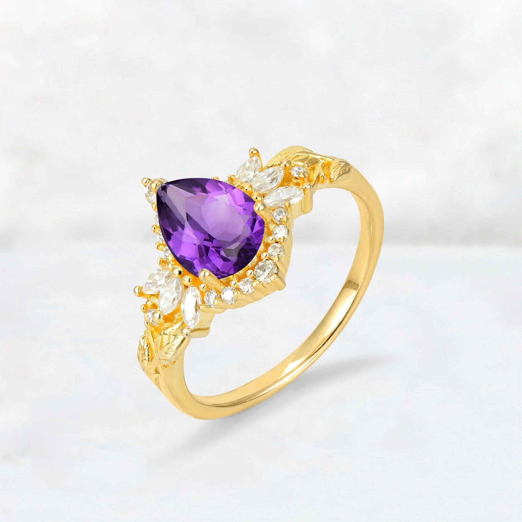 Pear Cut Amethyst Marquise Halo Leaf Vine Engagement Ring - Additional view