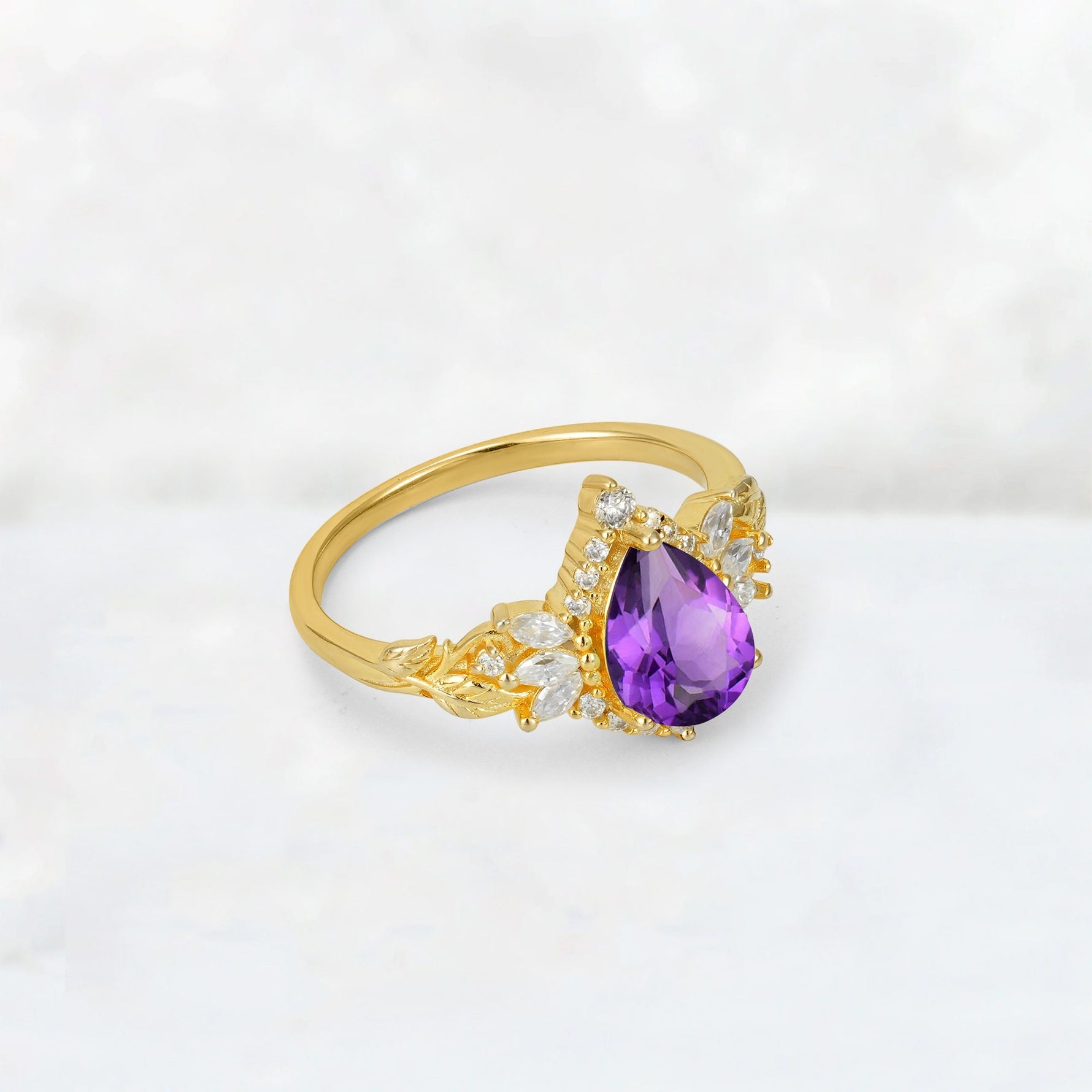 Pear Cut Amethyst Marquise Halo Leaf Vine Engagement Ring - Additional view