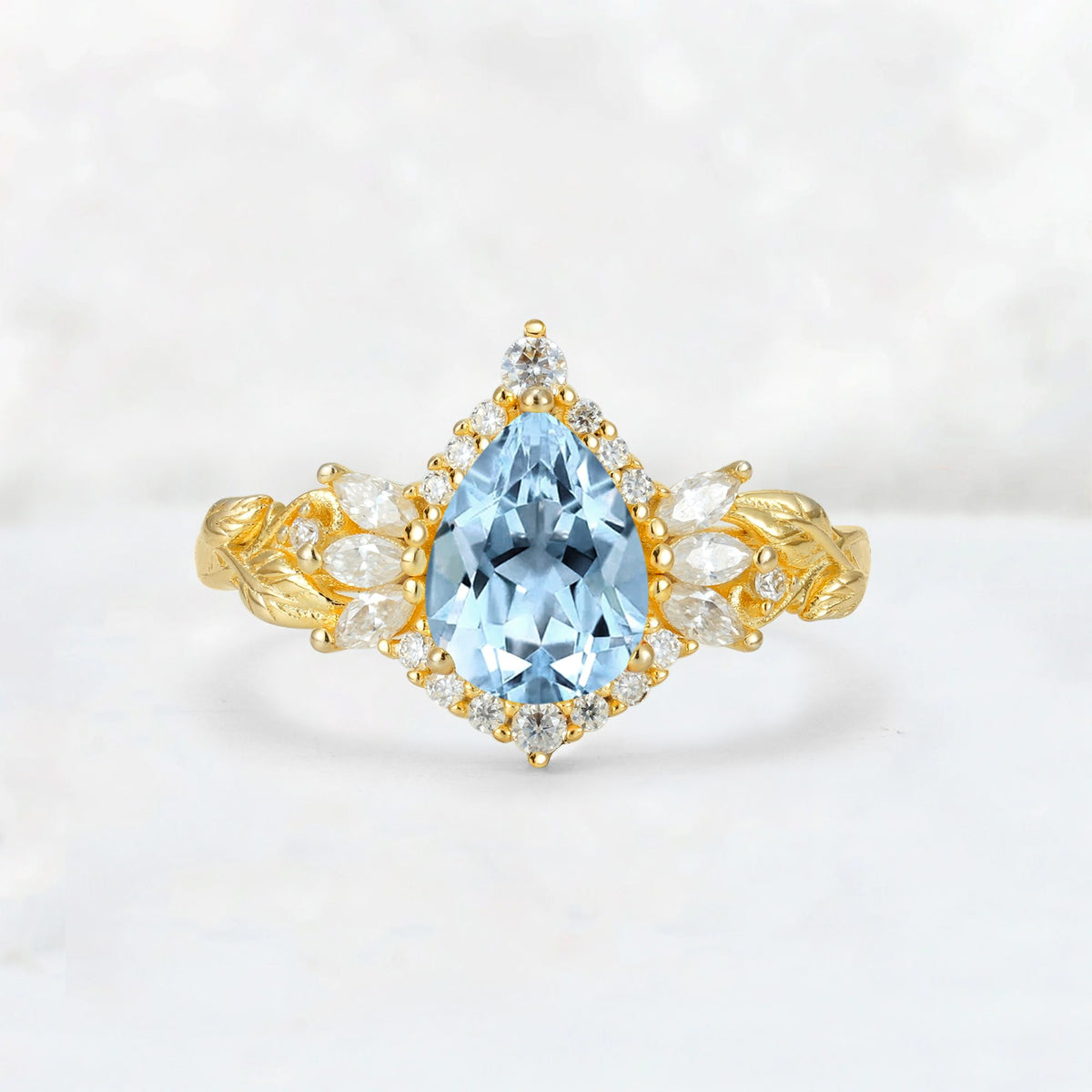 Pear Cut Aquamarine Marquise Halo Leaf Vine Engagement Ring - Additional view