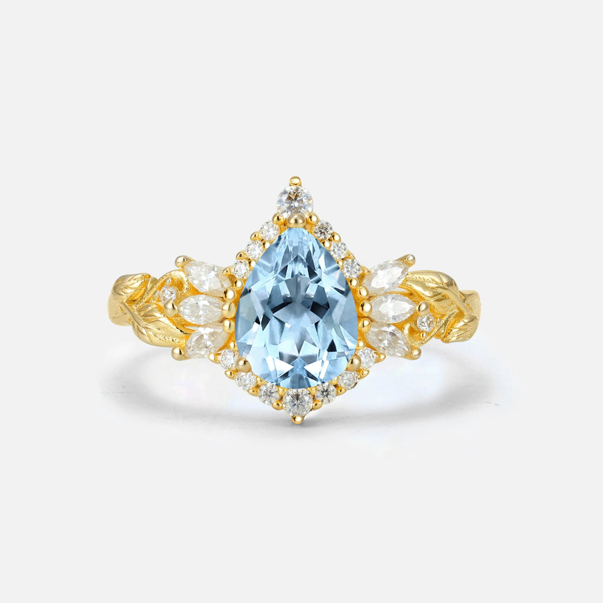 Pear Cut Aquamarine Marquise Halo Leaf Vine Engagement Ring - Additional view