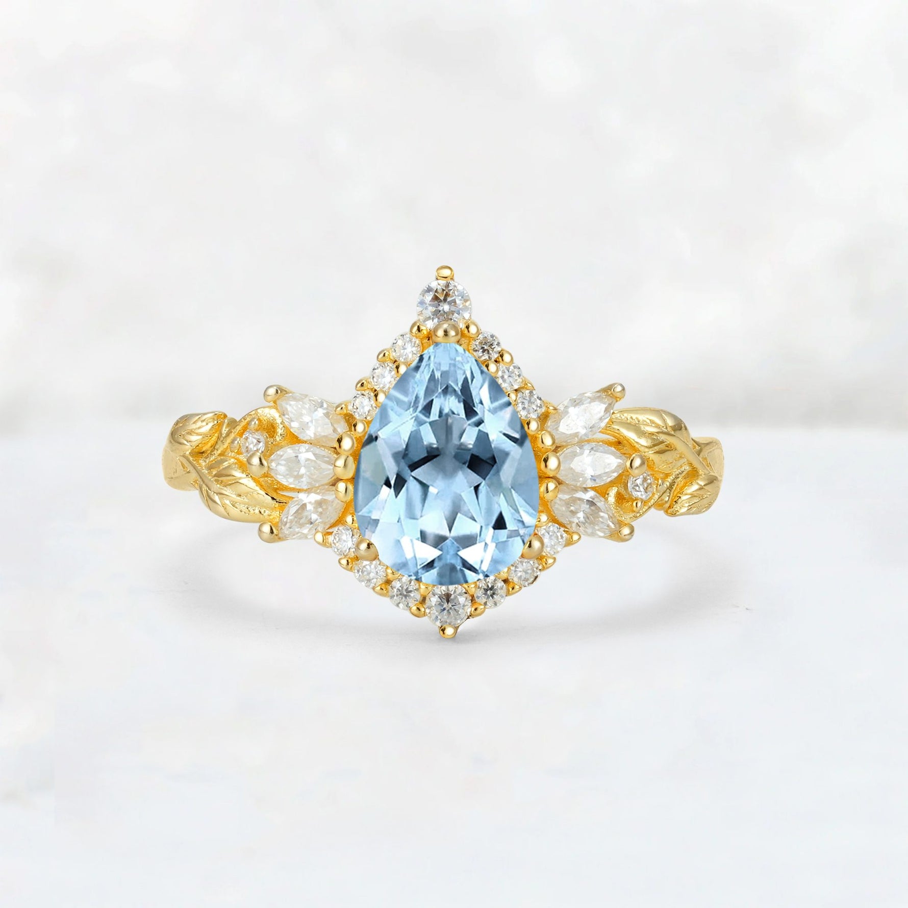 Pear Cut Aquamarine Marquise Halo Leaf Vine Engagement Ring - Additional view