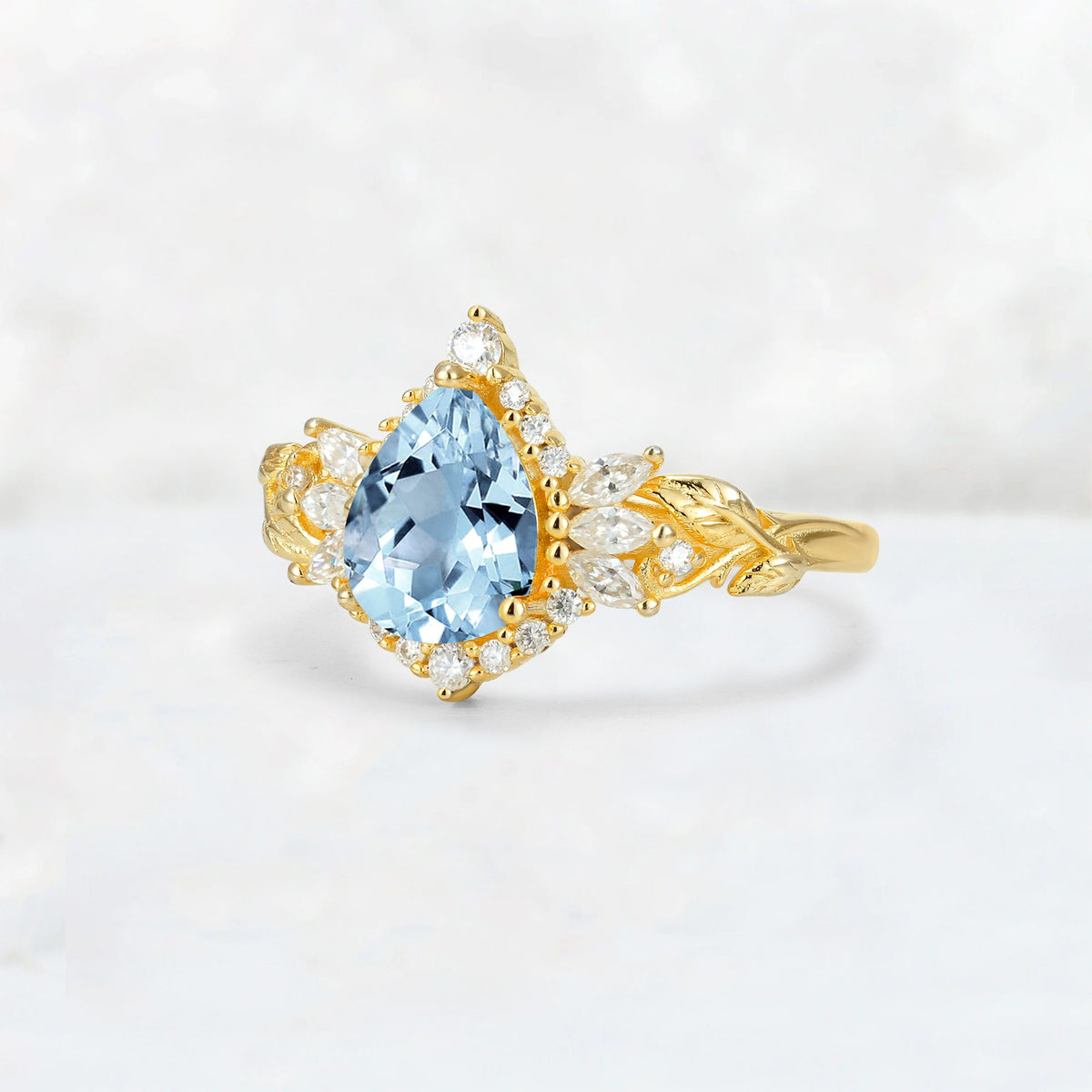 Pear Cut Aquamarine Marquise Halo Leaf Vine Engagement Ring - Additional view