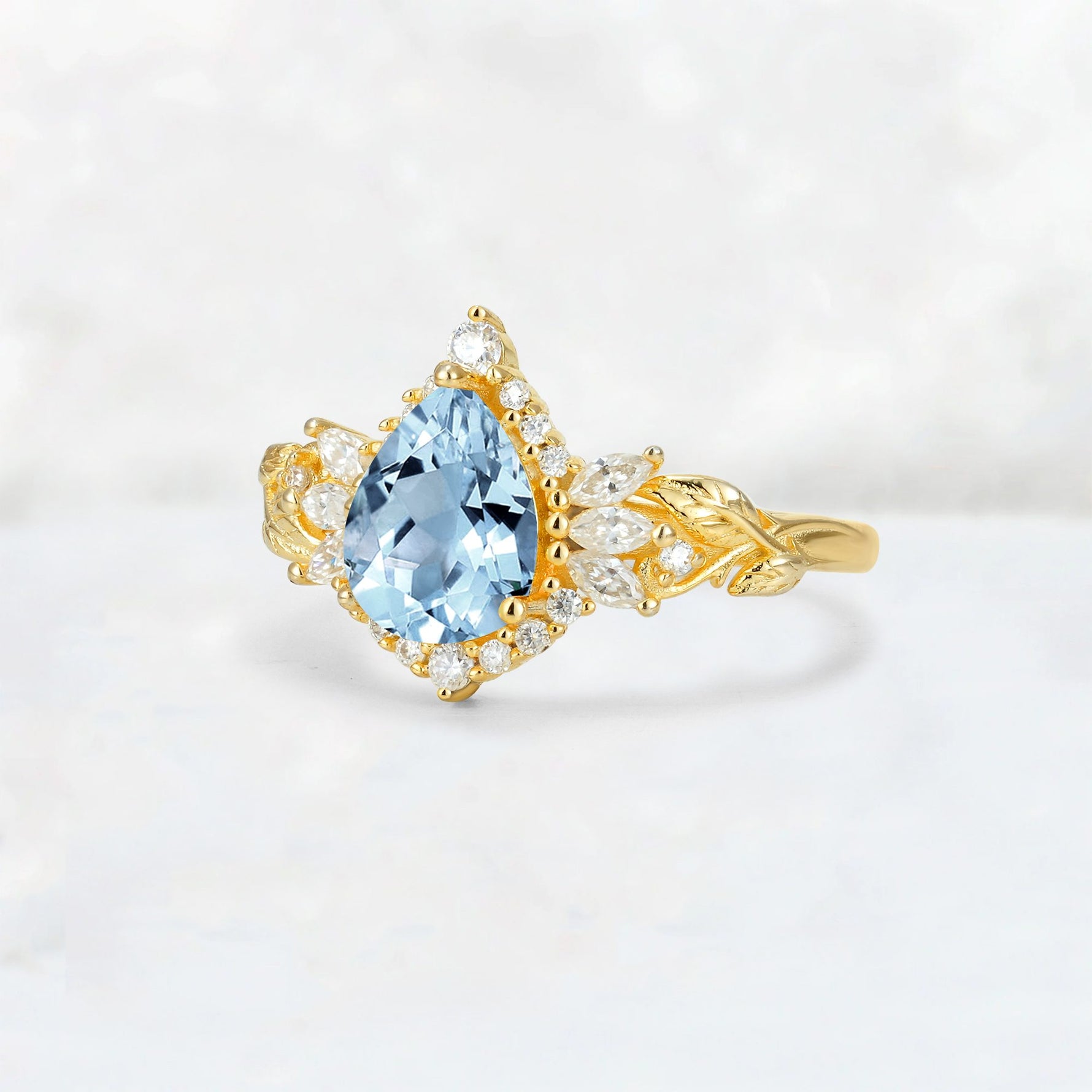 Pear Cut Aquamarine Marquise Halo Leaf Vine Engagement Ring - Additional view