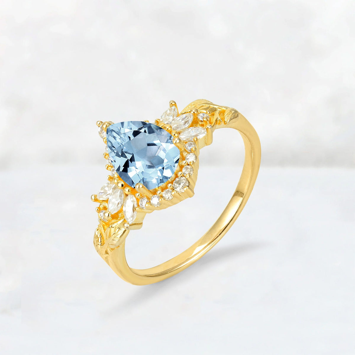 Pear Cut Aquamarine Marquise Halo Leaf Vine Engagement Ring - Additional view