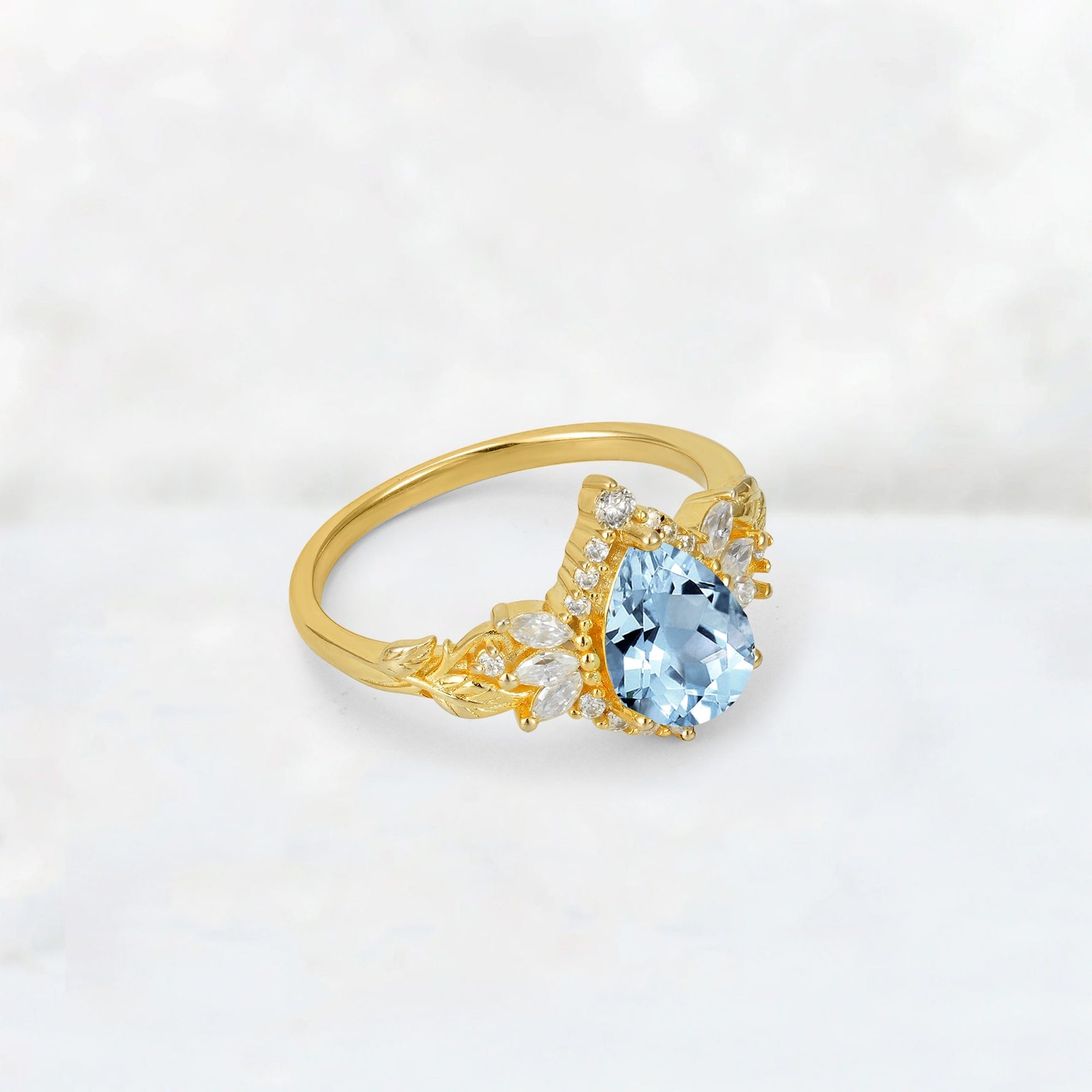 Pear Cut Aquamarine Marquise Halo Leaf Vine Engagement Ring - Additional view