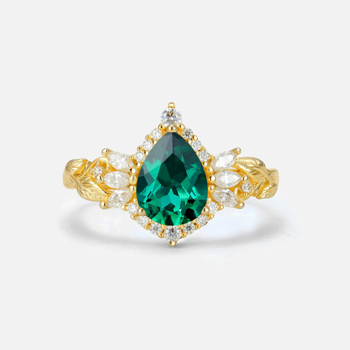 Pear Cut Emerald Marquise Halo Leaf Vine Engagement Ring - Additional view
