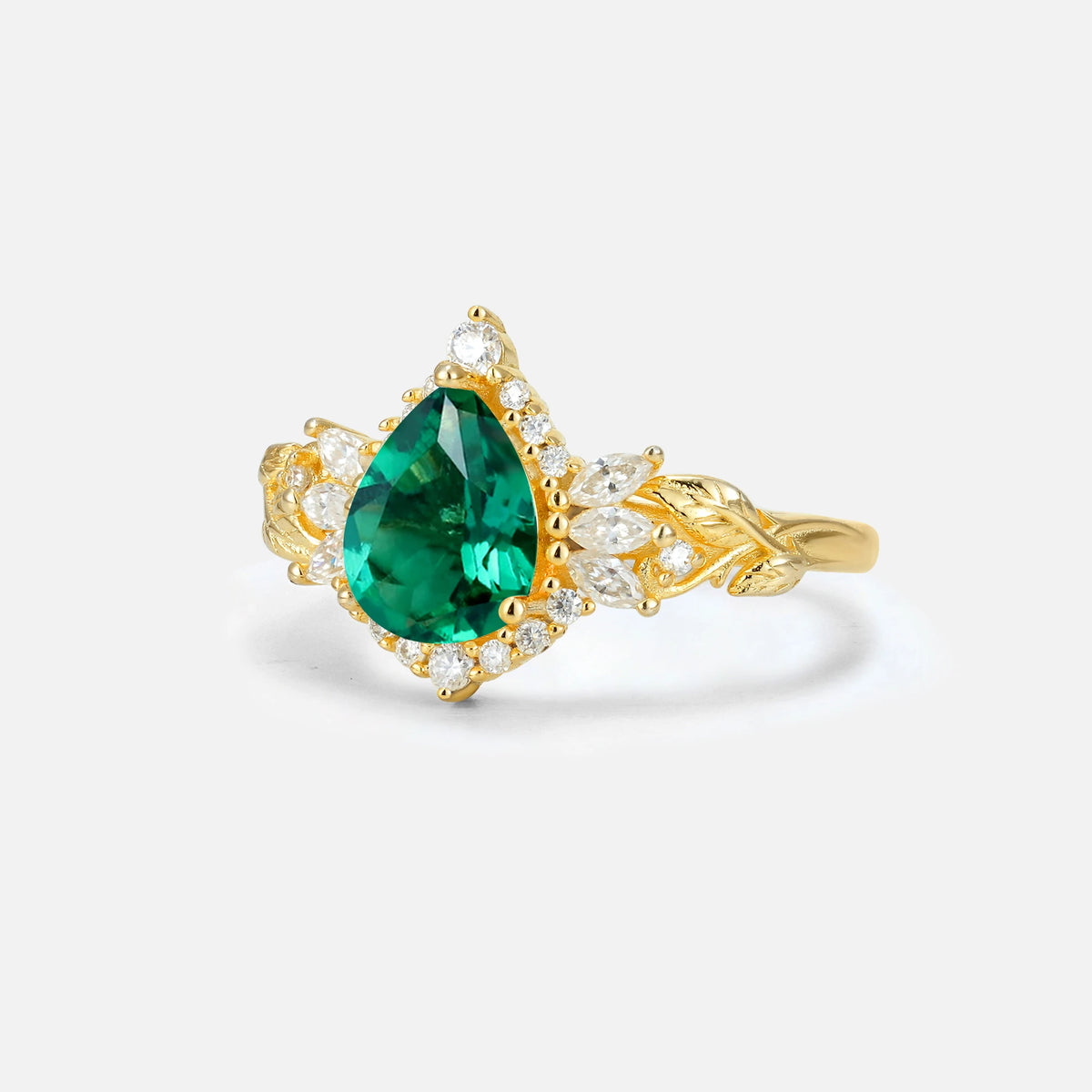 Pear Cut Emerald Marquise Halo Leaf Vine Engagement Ring - Additional view