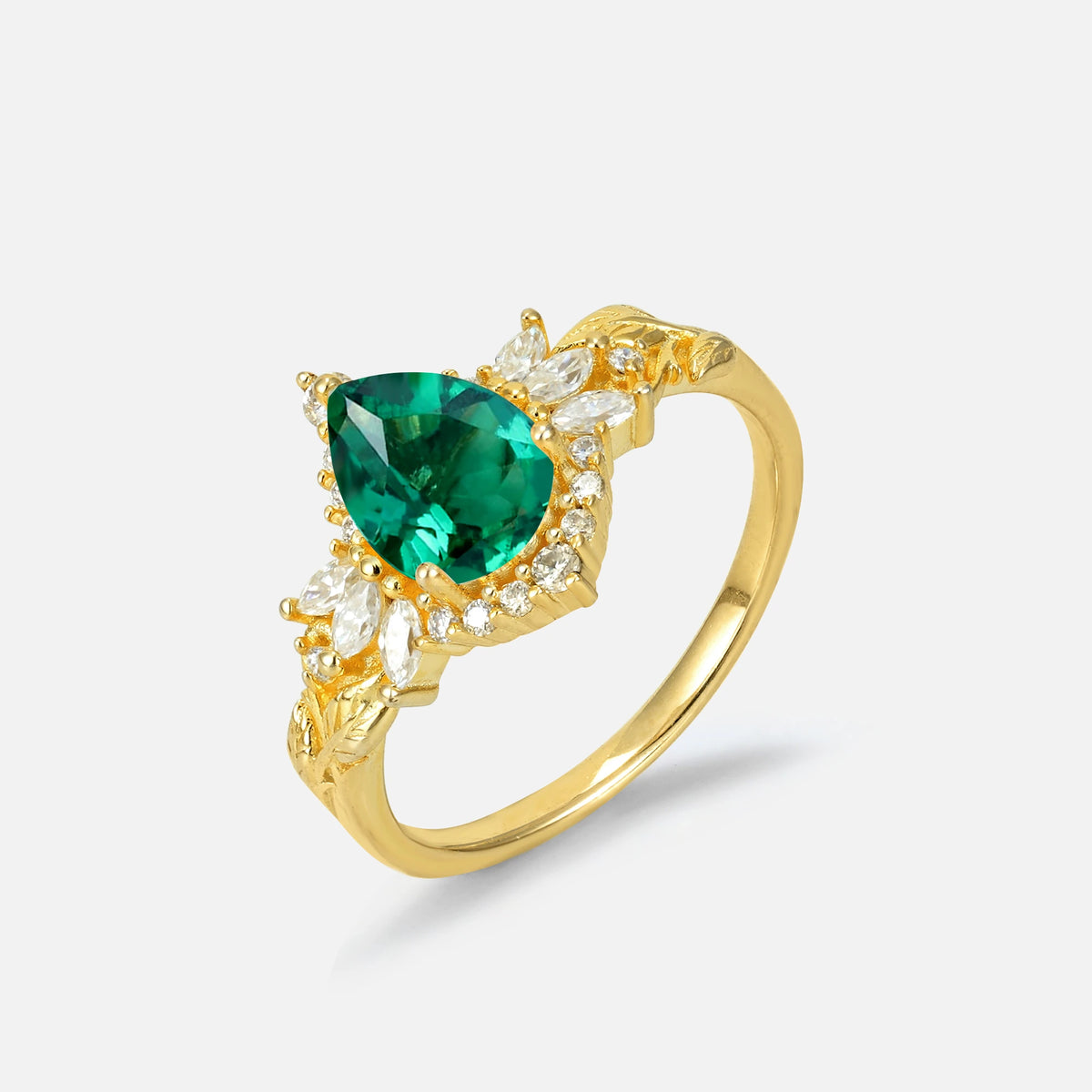 Pear Cut Emerald Marquise Halo Leaf Vine Engagement Ring - Additional view