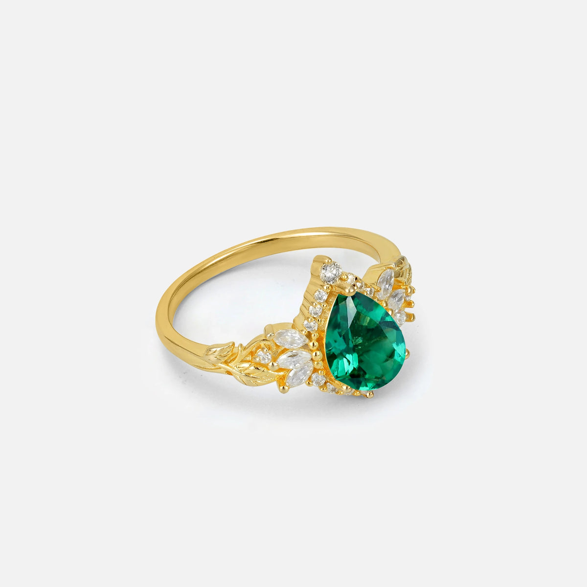 Pear Cut Emerald Marquise Halo Leaf Vine Engagement Ring - Additional view