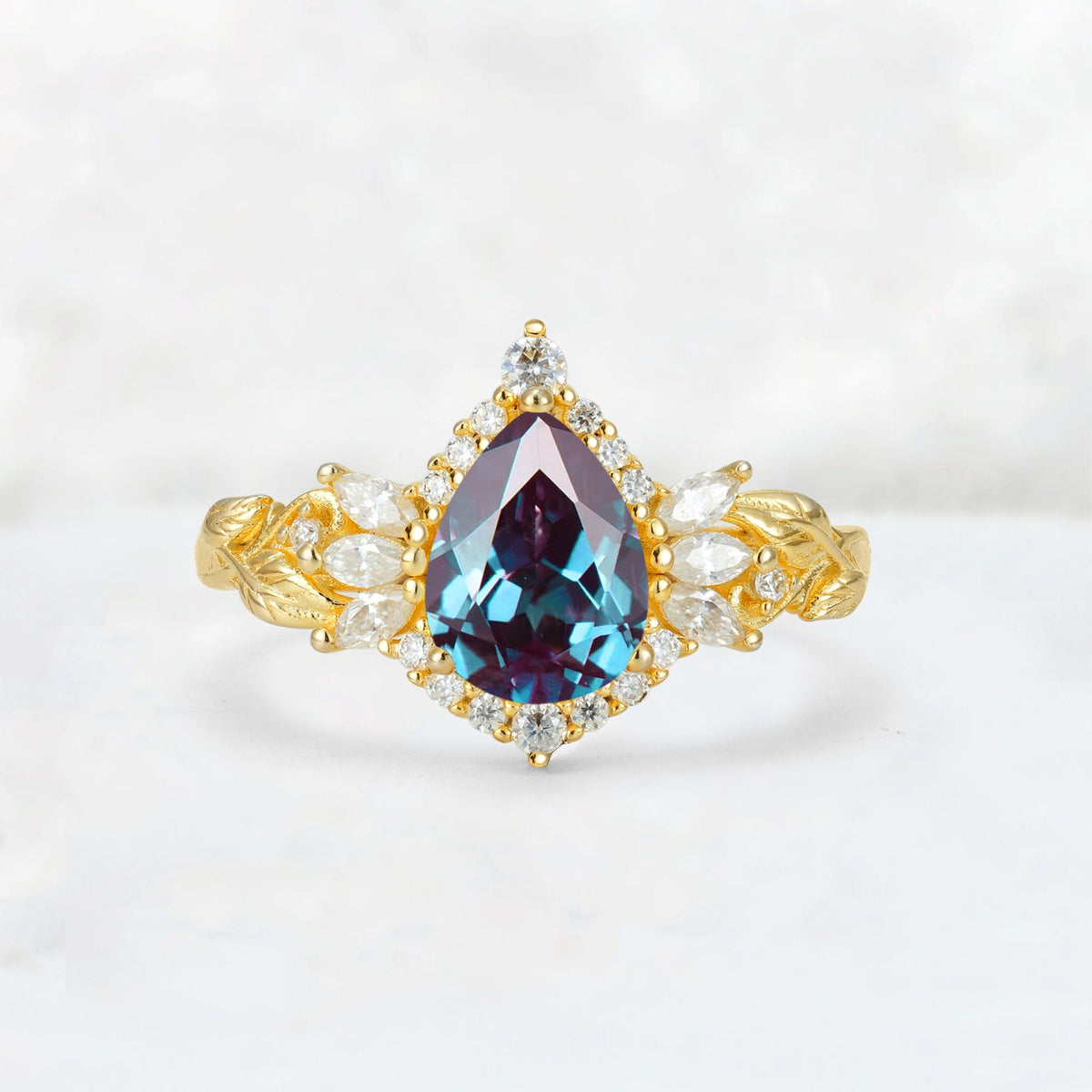 Pear Cut Alexandrite Marquise Halo Leaf Vine Engagement Ring - Additional view
