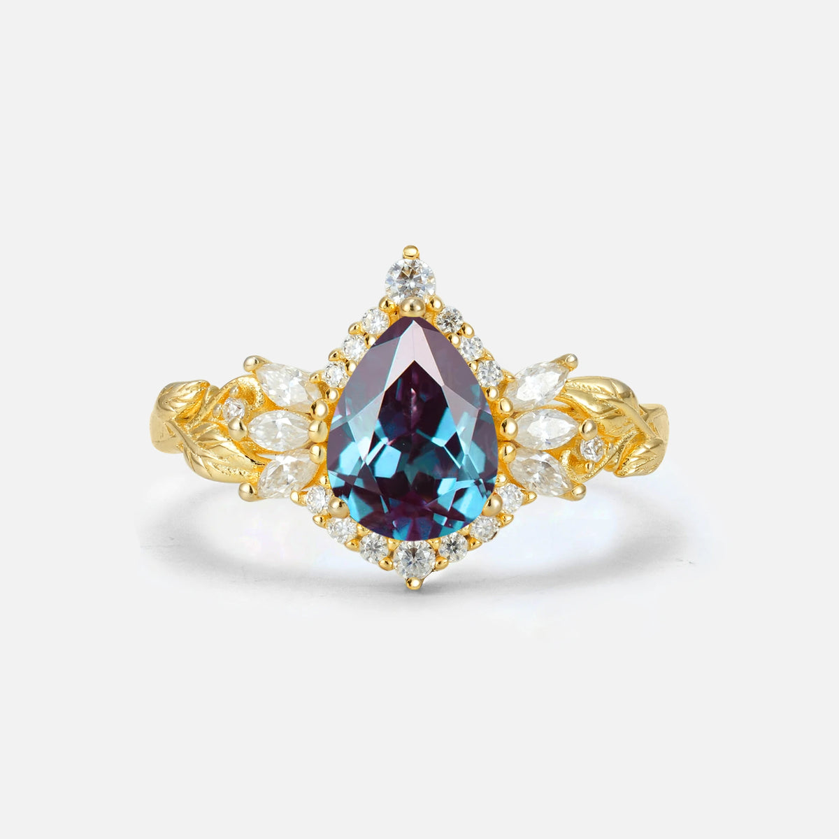Pear Cut Alexandrite Marquise Halo Leaf Vine Engagement Ring - Additional view