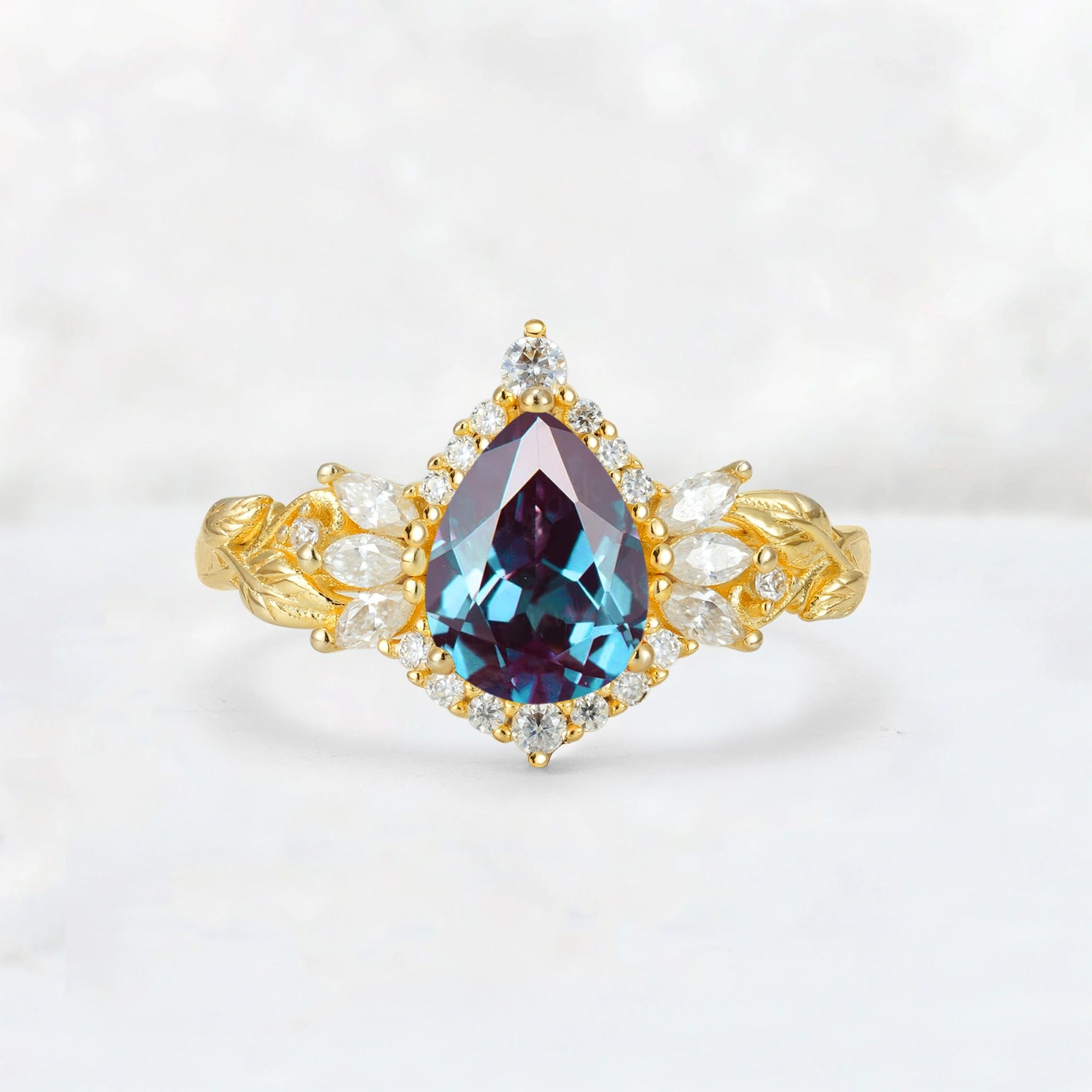 Pear Cut Alexandrite Marquise Halo Leaf Vine Engagement Ring - Additional view