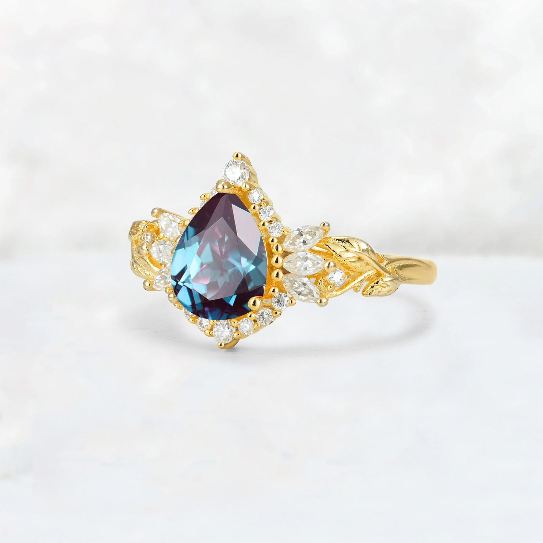 Pear Cut Alexandrite Marquise Halo Leaf Vine Engagement Ring - Additional view