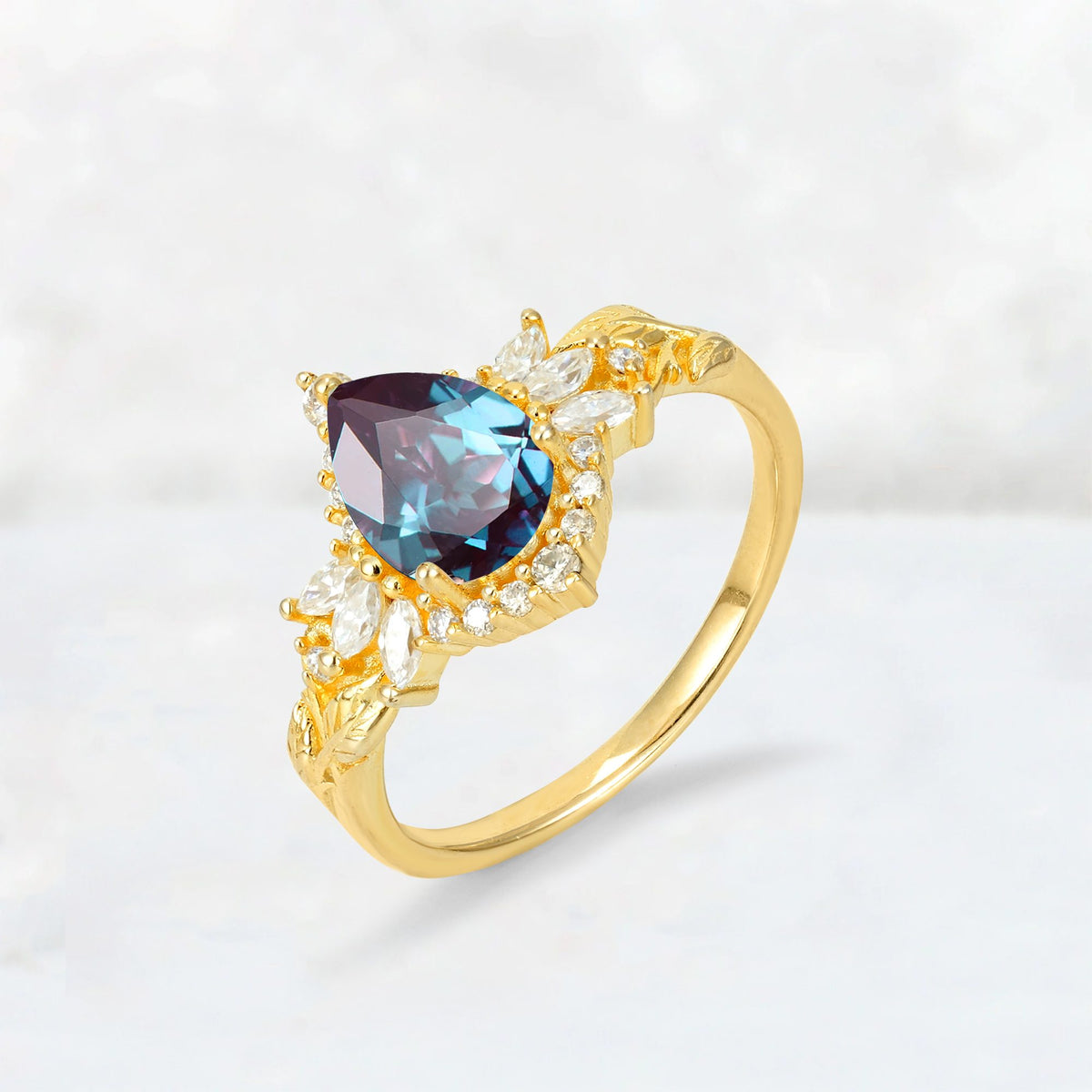 Pear Cut Alexandrite Marquise Halo Leaf Vine Engagement Ring - Additional view