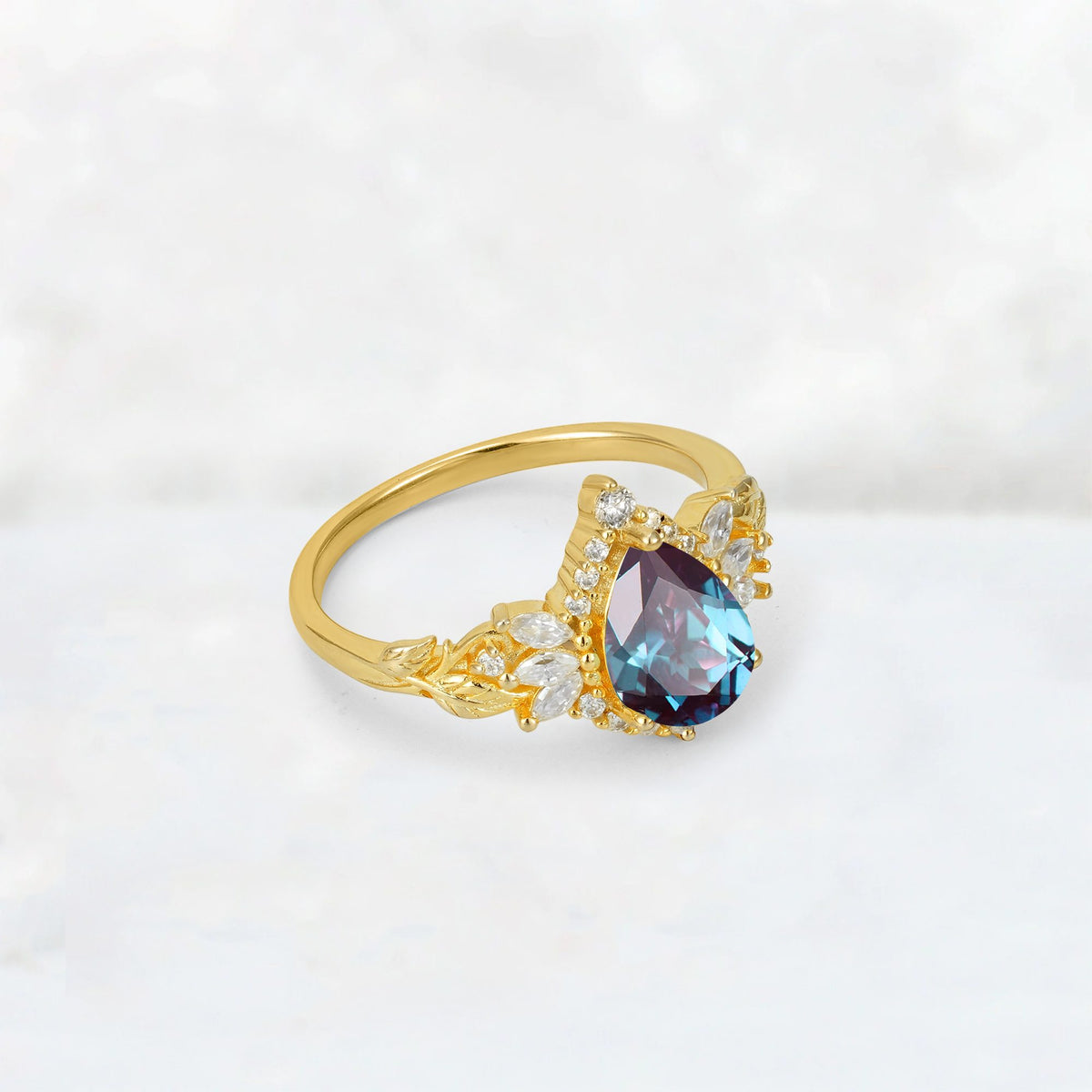 Pear Cut Alexandrite Marquise Halo Leaf Vine Engagement Ring - Additional view
