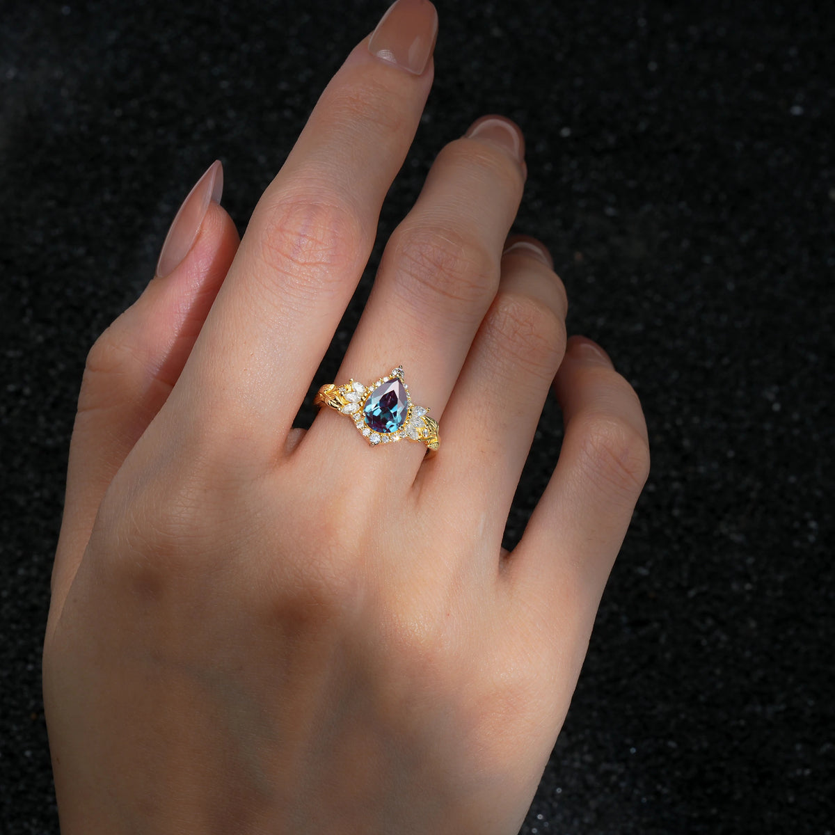 Pear Cut Alexandrite Marquise Halo Leaf Vine Engagement Ring - Additional view