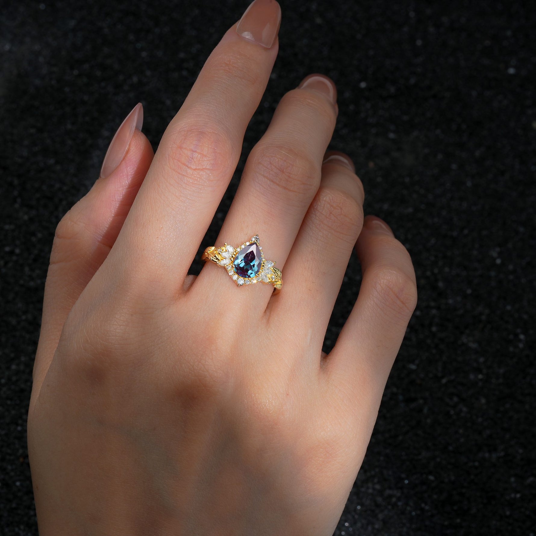 Pear Cut Alexandrite Marquise Halo Leaf Vine Engagement Ring - Additional view