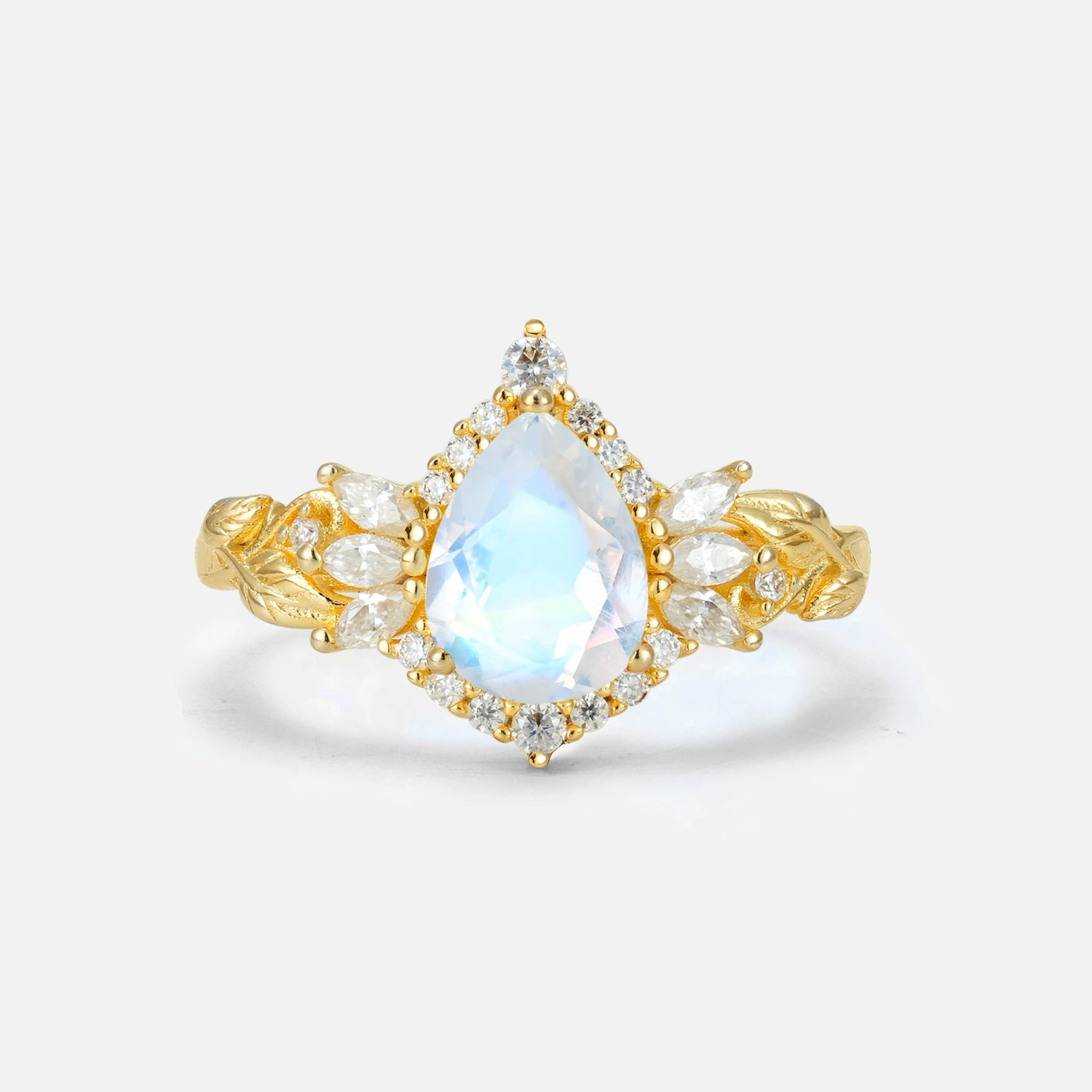 Pear Cut Moonstone Marquise Halo Leaf Vine Engagement Ring - Additional view