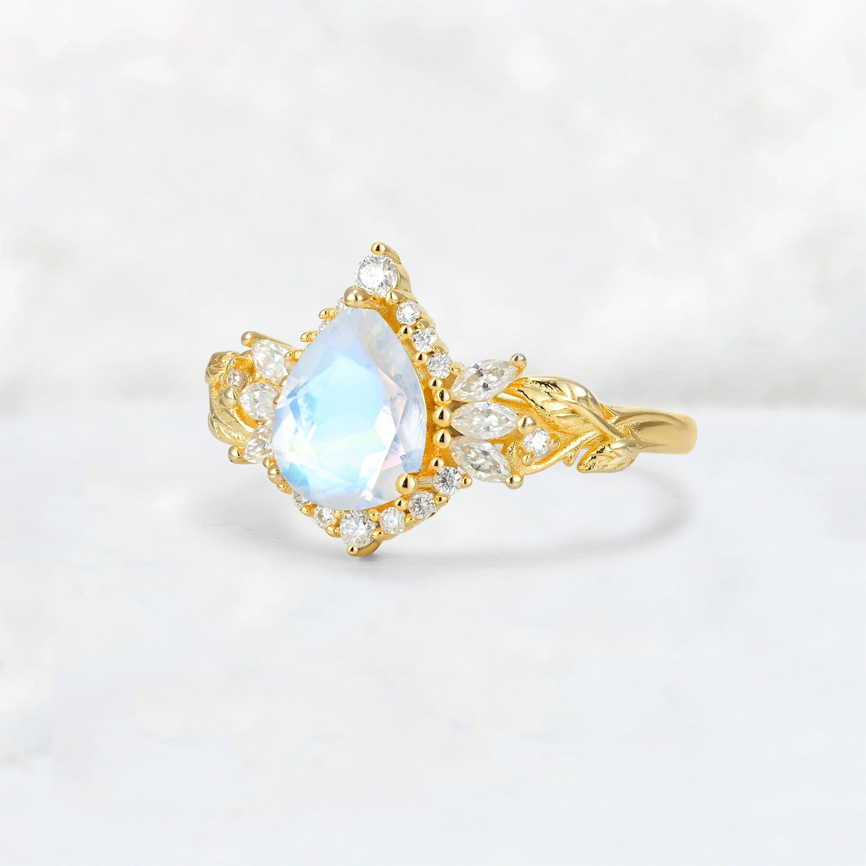 Pear Cut Moonstone Marquise Halo Leaf Vine Engagement Ring - Additional view