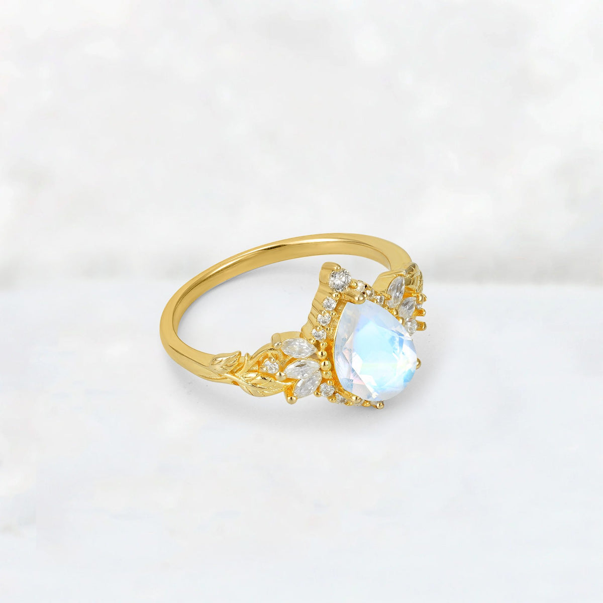 Pear Cut Moonstone Marquise Halo Leaf Vine Engagement Ring - Additional view