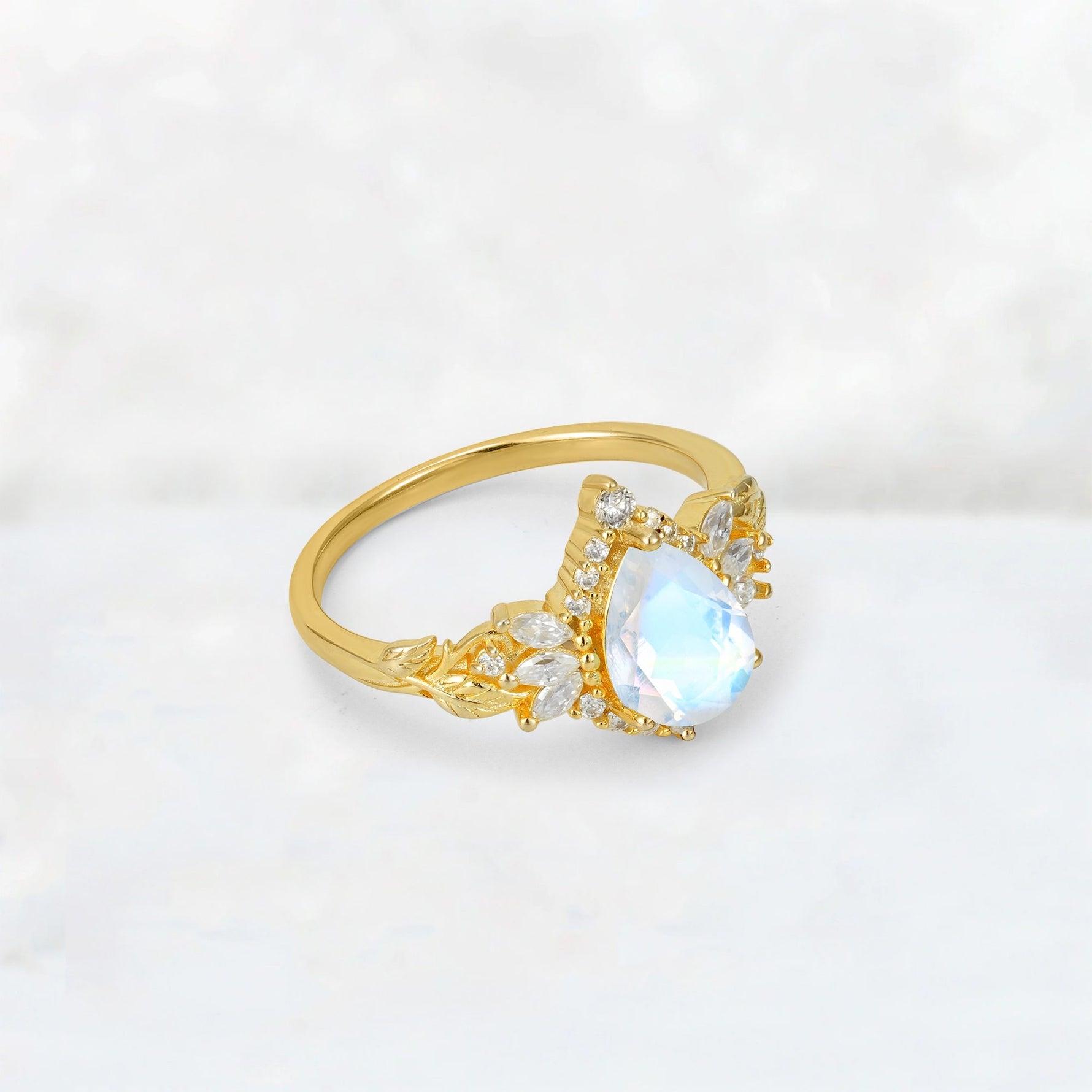 Pear Cut Moonstone Marquise Halo Leaf Vine Engagement Ring - Additional view