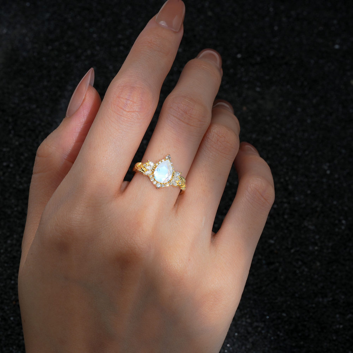 Pear Cut Moonstone Marquise Halo Leaf Vine Engagement Ring - Additional view